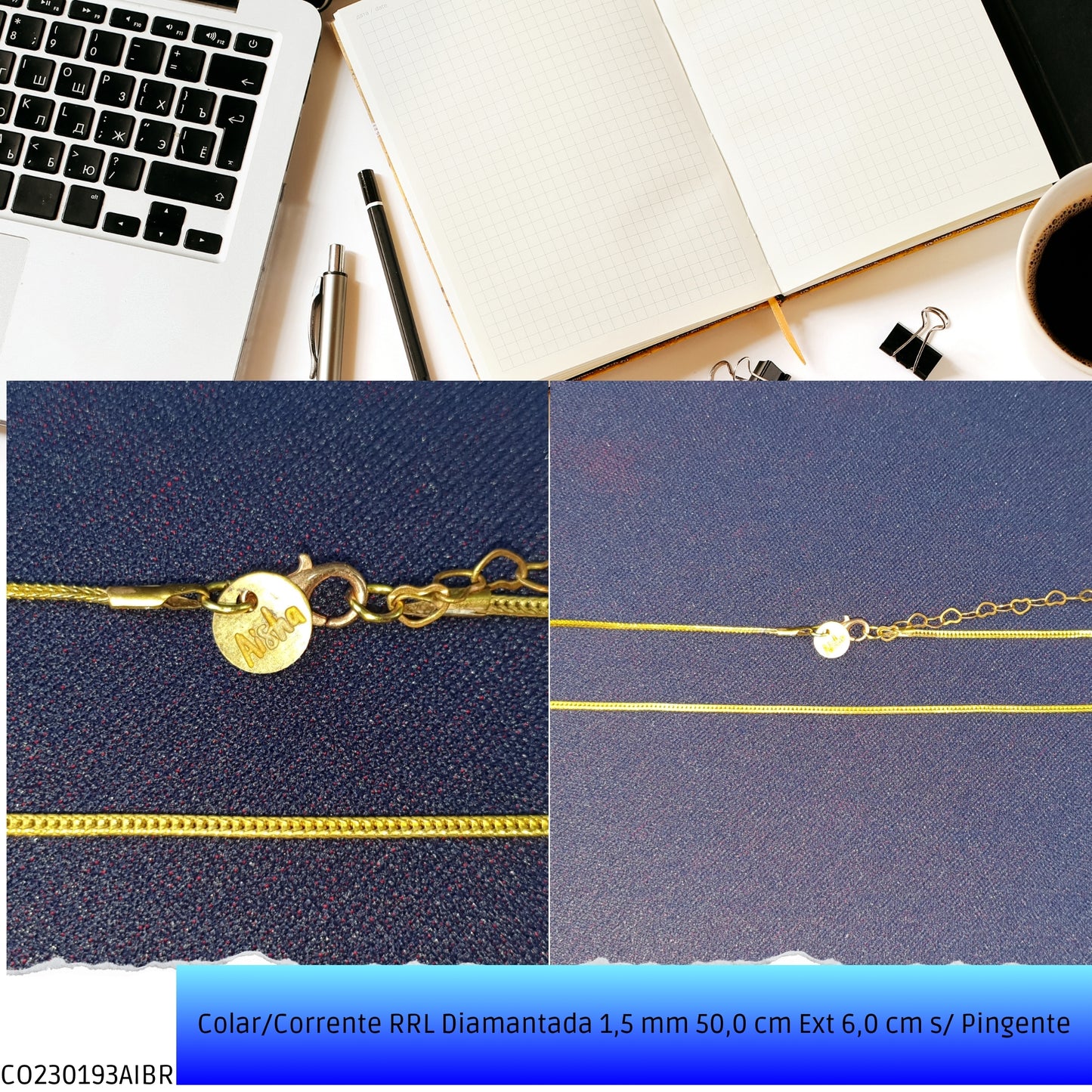 Colar/Corrente RRL Diamantada 1.5 mm 50.0 cm Ext 6.0 cm s/ Pingente  - Código.: CO230193AIBR  - Peso.: 3.5 gr