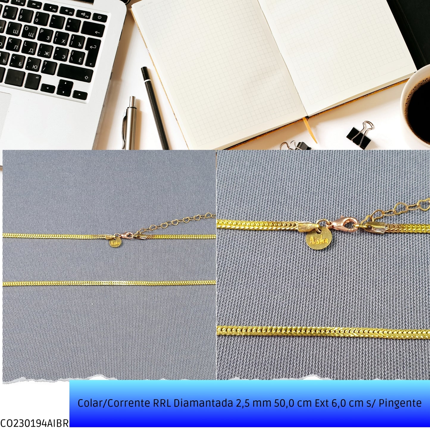 Colar/Corrente RRL Diamantada 2.5 mm 50.0 cm Ext 6.0 cm s/ Pingente  - Código.: CO230194AIBR  - Peso.: 8.7 gr