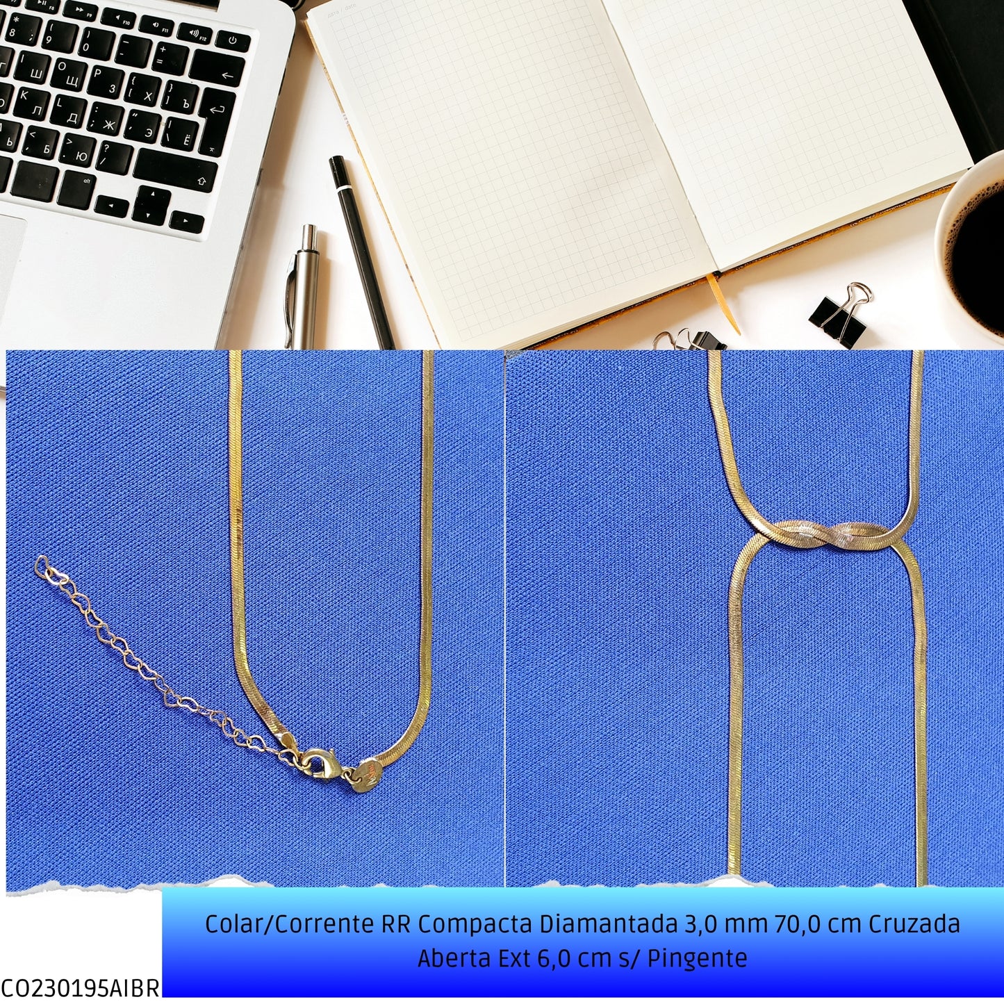 Colar/Corrente RR Compacta Diamantada 3.0 mm 70.0 cm Cruzada Aberta Ext 6.0 cm s/ Pingente  - Código.: CO230195AIBR  - Peso.: 8.9 gr
