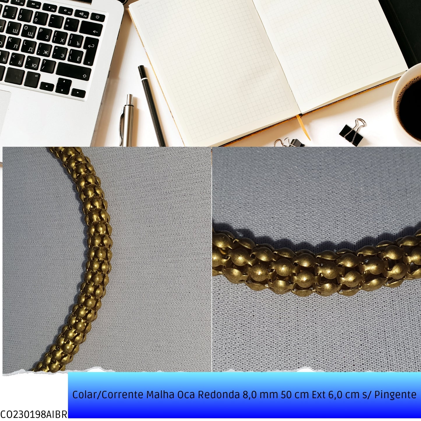 Colar/Corrente Malha Oca Redonda 8.0 mm 50 cm Ext 6.0 cm s/ Pingente  - Código.: CO230198AIBR  - Peso.: 28.9 gr