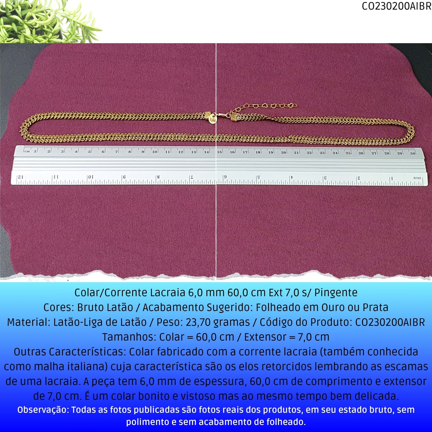 Colar/Corrente Lacraia 6.0 mm 60.0 cm Ext 7.0 s/ Pingente  - Código.: CO230200AIBR  - Peso.: 23.7 gr