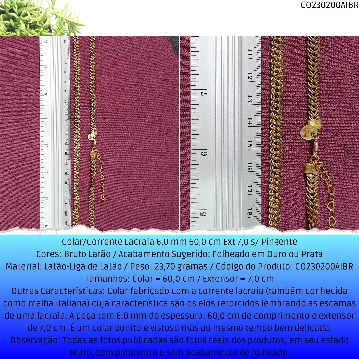 Colar/Corrente Lacraia 6.0 mm 60.0 cm Ext 7.0 s/ Pingente  - Código.: CO230200AIBR  - Peso.: 23.7 gr