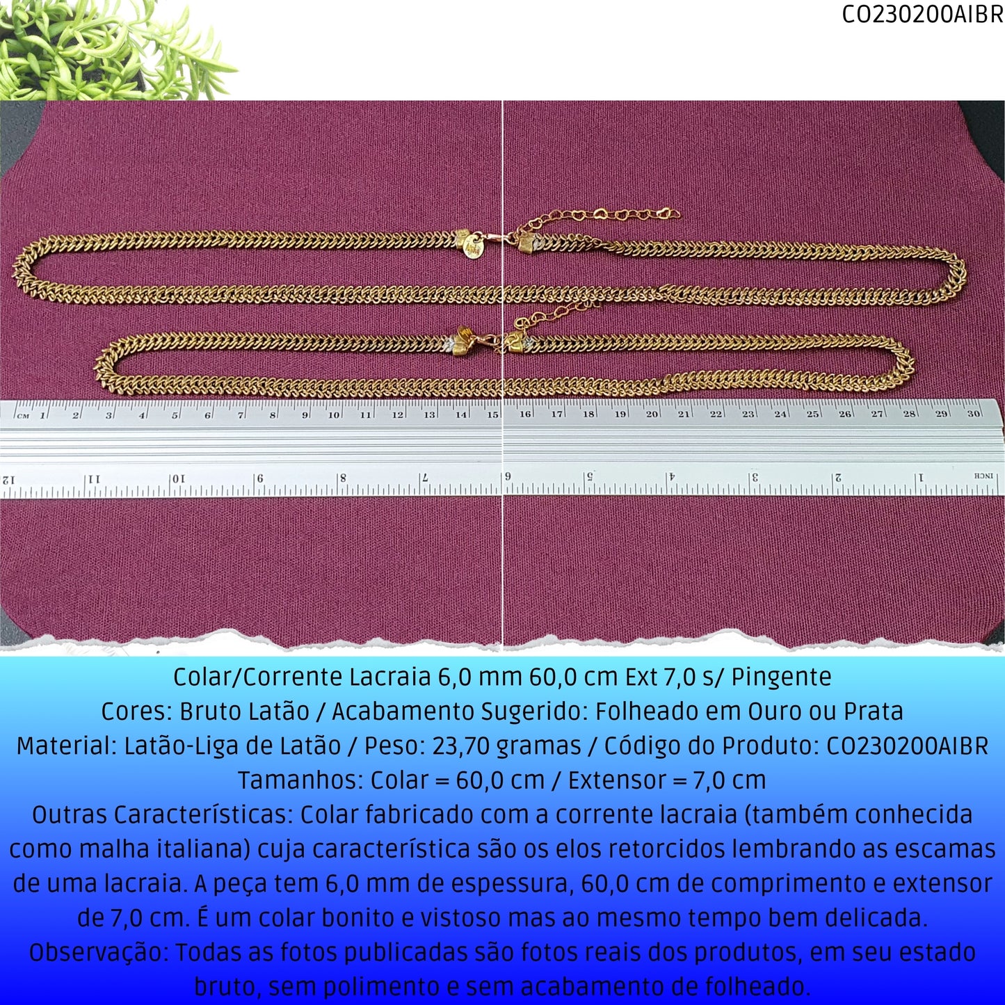Colar/Corrente Lacraia 6.0 mm 60.0 cm Ext 7.0 s/ Pingente  - Código.: CO230200AIBR  - Peso.: 23.7 gr