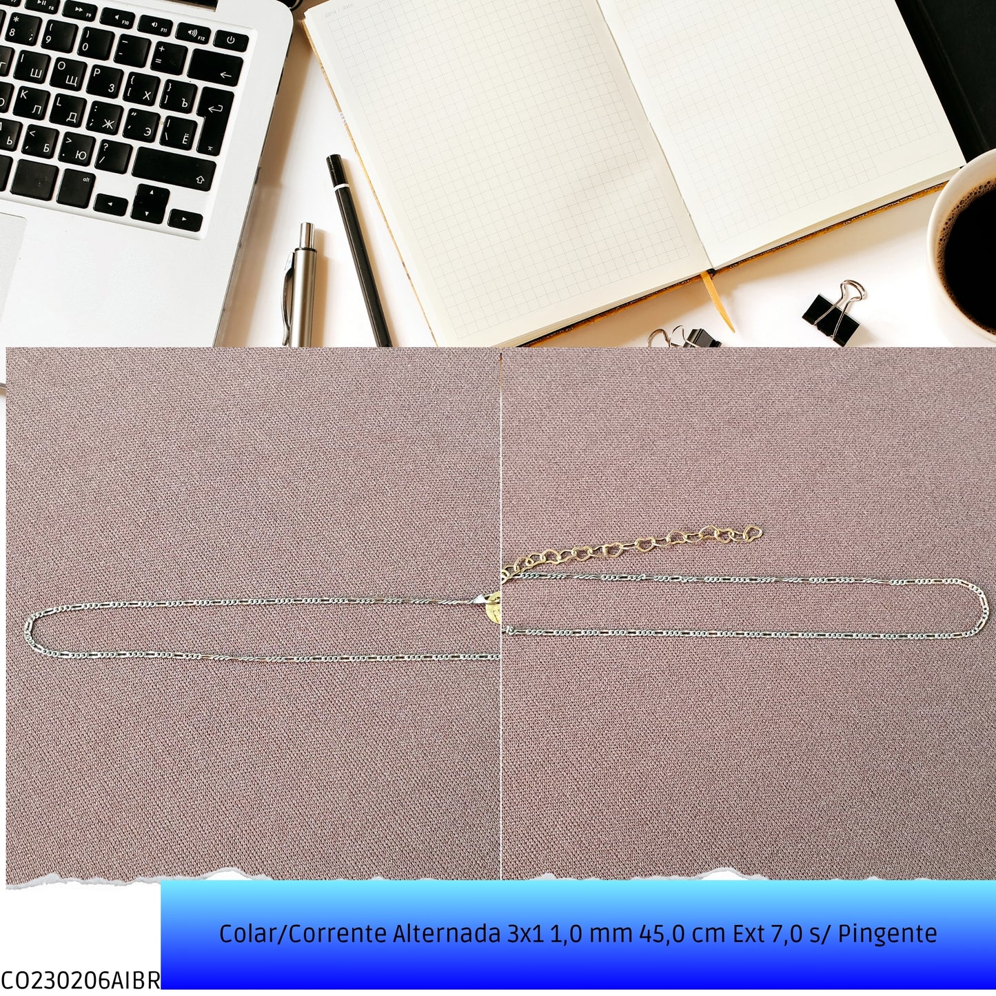Colar/Corrente Alternada 3x1 1.0 mm 45.0 cm Ext 7.0 s/ Pingente  - Código.: CO230206AIBR  - Peso.: 2.4 gr