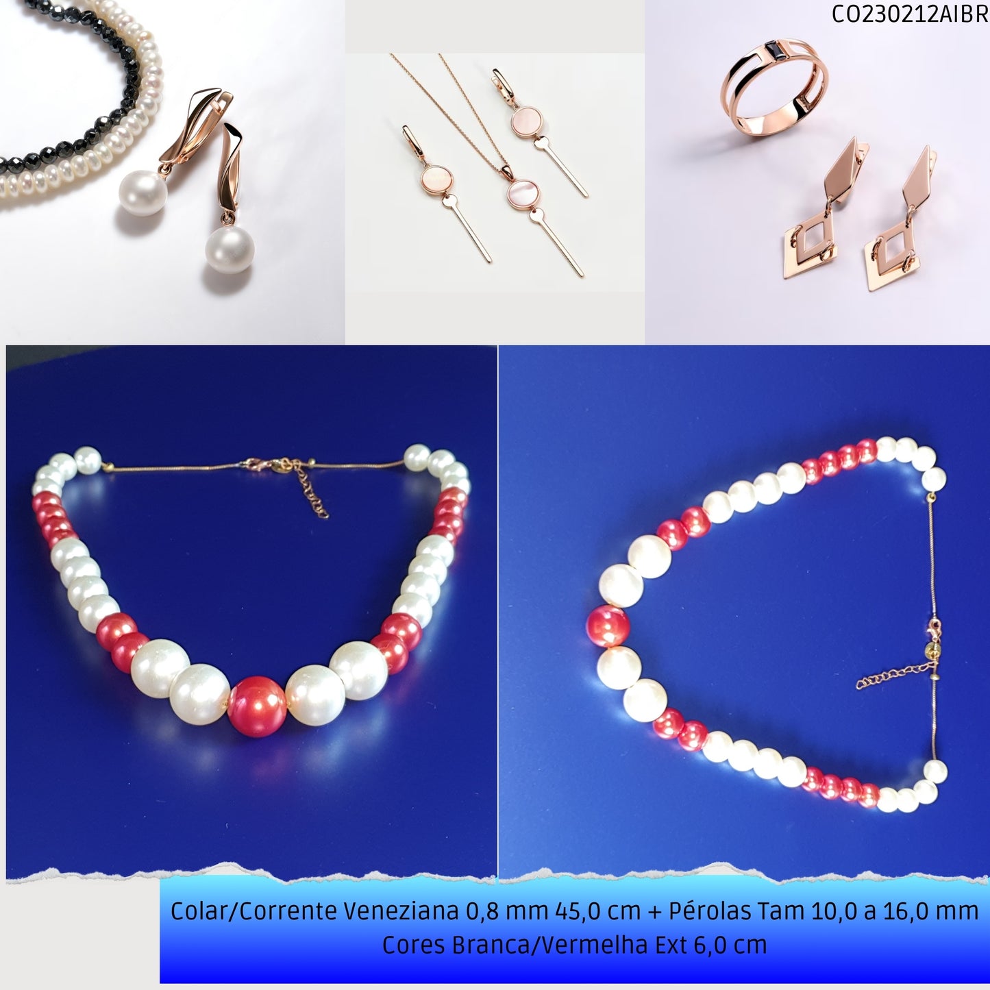 Colar/Corrente Veneziana 0.8 mm 45.0 cm + Pérolas Tam 10.0 a 16.0 mm Cores Branca/Vermelha Ext 6.0 cm   - Código.: CO230212AIBR  - Peso.: 31.2 gr