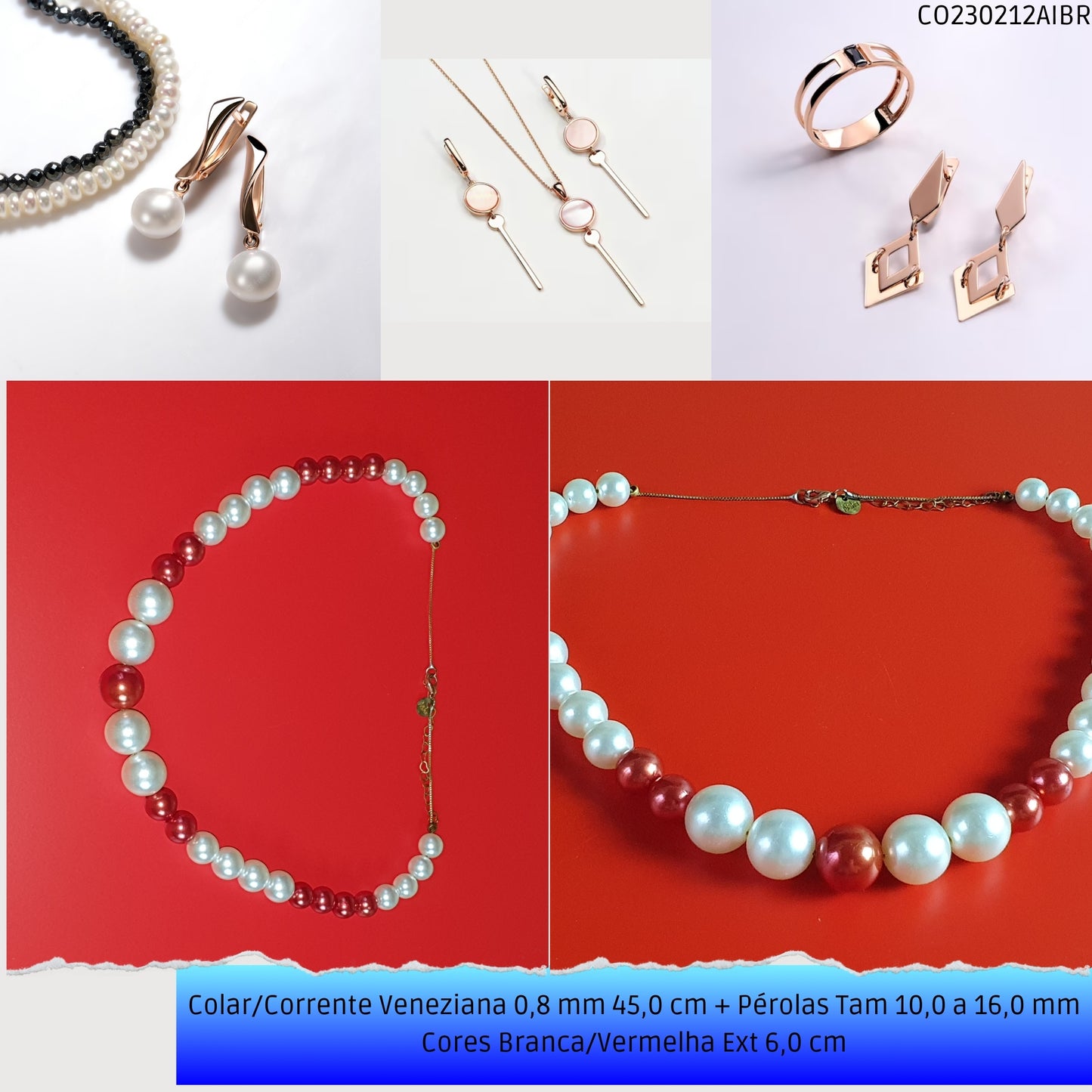Colar/Corrente Veneziana 0.8 mm 45.0 cm + Pérolas Tam 10.0 a 16.0 mm Cores Branca/Vermelha Ext 6.0 cm   - Código.: CO230212AIBR  - Peso.: 31.2 gr