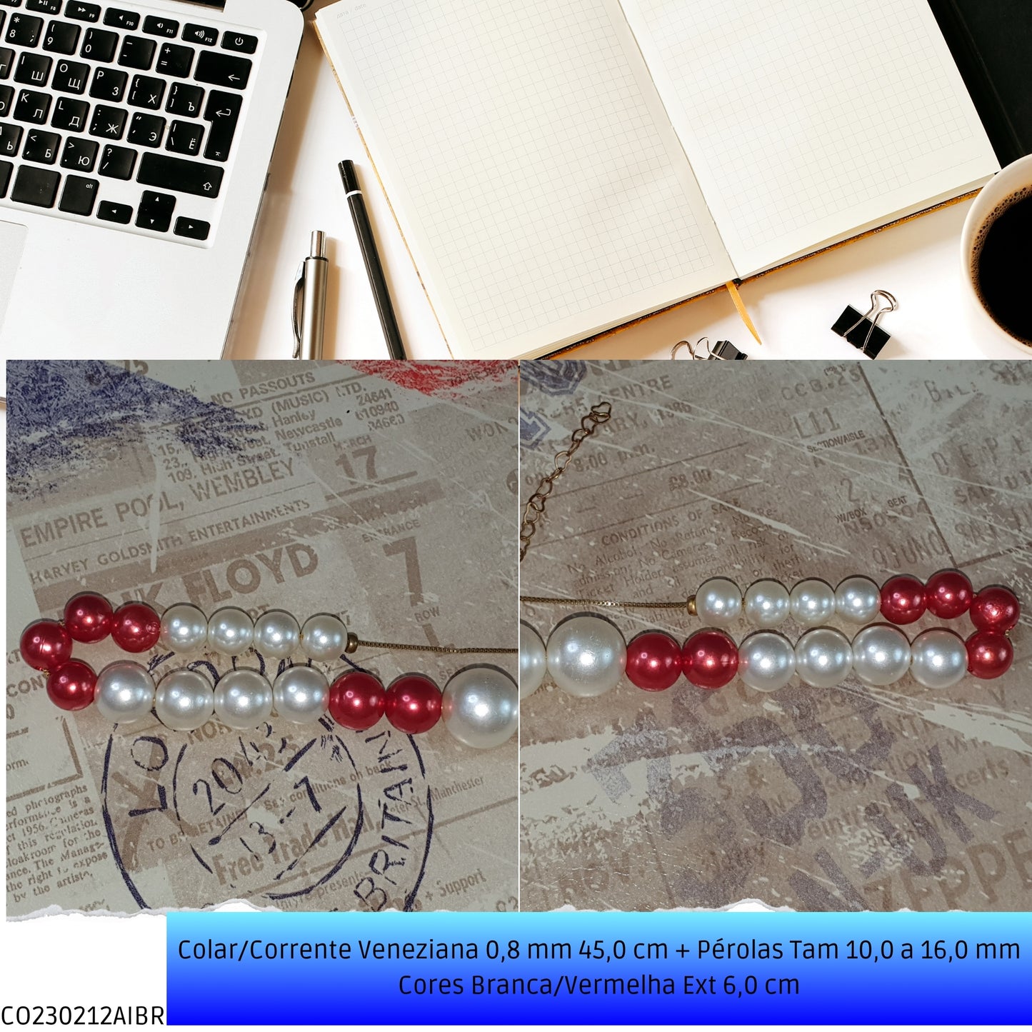 Colar/Corrente Veneziana 0.8 mm 45.0 cm + Pérolas Tam 10.0 a 16.0 mm Cores Branca/Vermelha Ext 6.0 cm   - Código.: CO230212AIBR  - Peso.: 31.2 gr