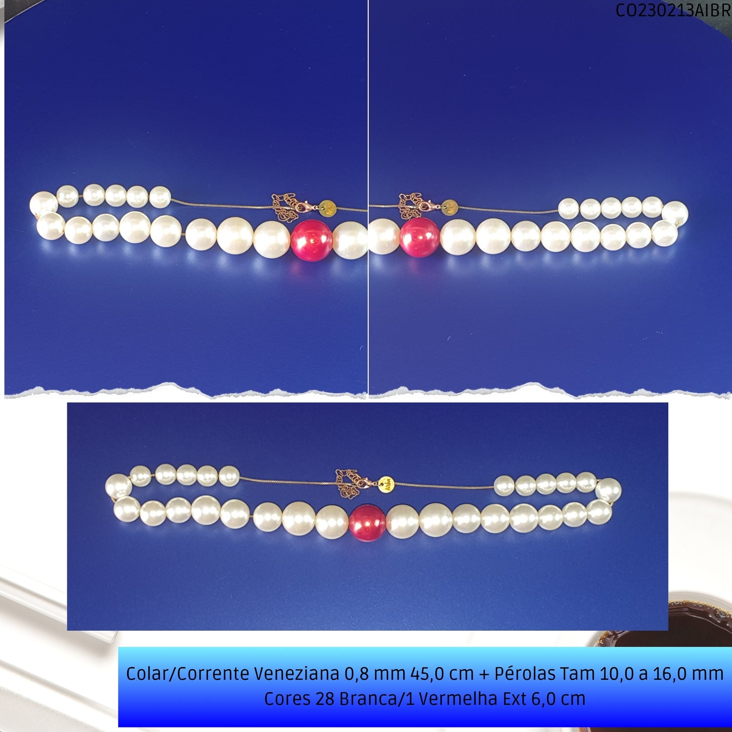 Colar/Corrente Veneziana 0.8 mm 45.0 cm + Pérolas Tam 10.0 a 16.0 mm Cores 28 Branca/1 Vermelha Ext 6.0 cm   - Código.: CO230213AIBR  - Peso.: 33.7 gr