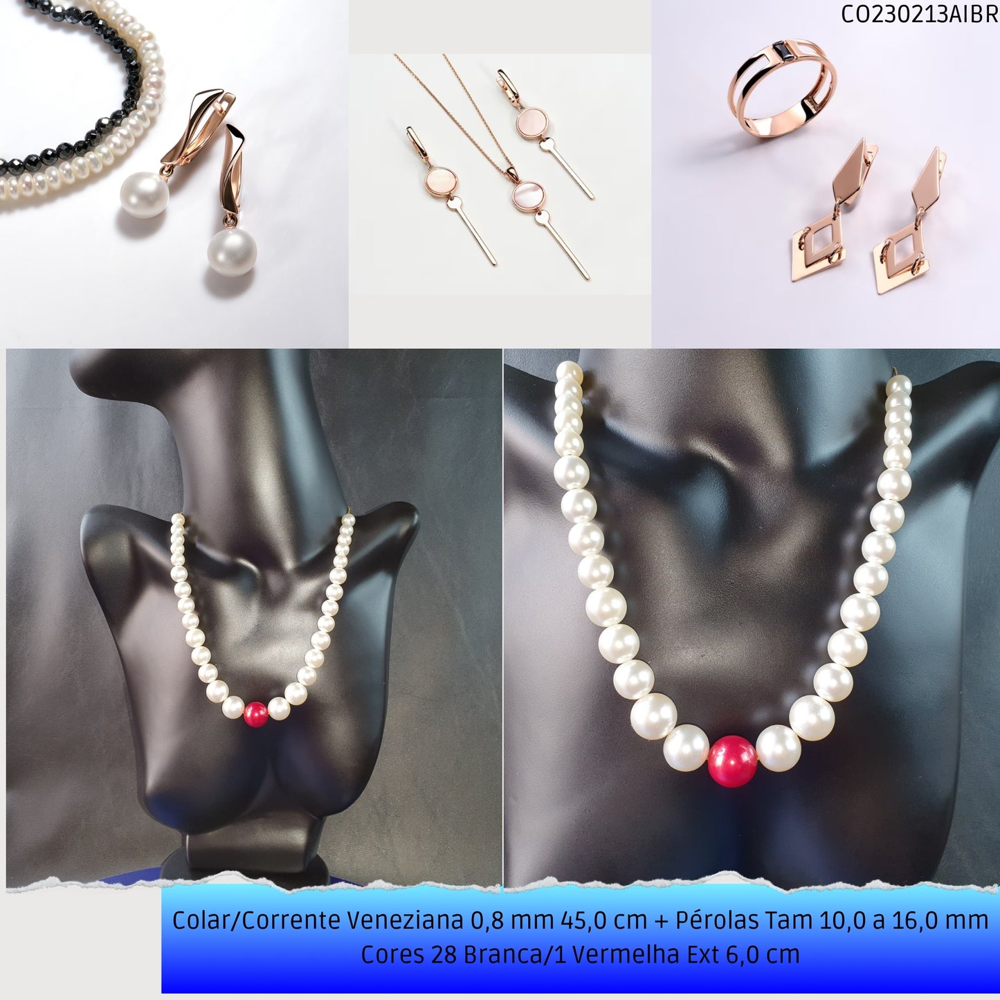 Colar/Corrente Veneziana 0.8 mm 45.0 cm + Pérolas Tam 10.0 a 16.0 mm Cores 28 Branca/1 Vermelha Ext 6.0 cm   - Código.: CO230213AIBR  - Peso.: 33.7 gr