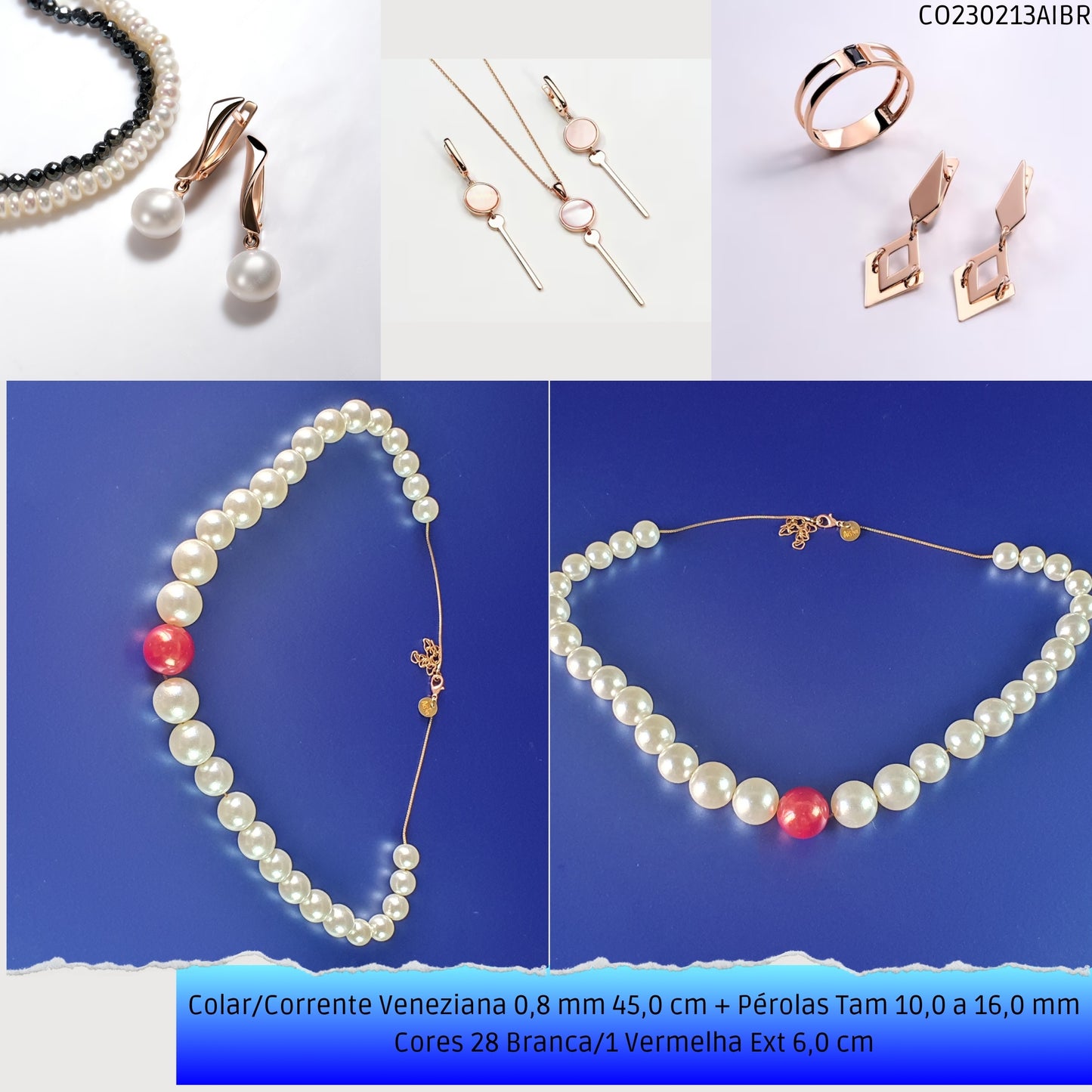 Colar/Corrente Veneziana 0.8 mm 45.0 cm + Pérolas Tam 10.0 a 16.0 mm Cores 28 Branca/1 Vermelha Ext 6.0 cm   - Código.: CO230213AIBR  - Peso.: 33.7 gr