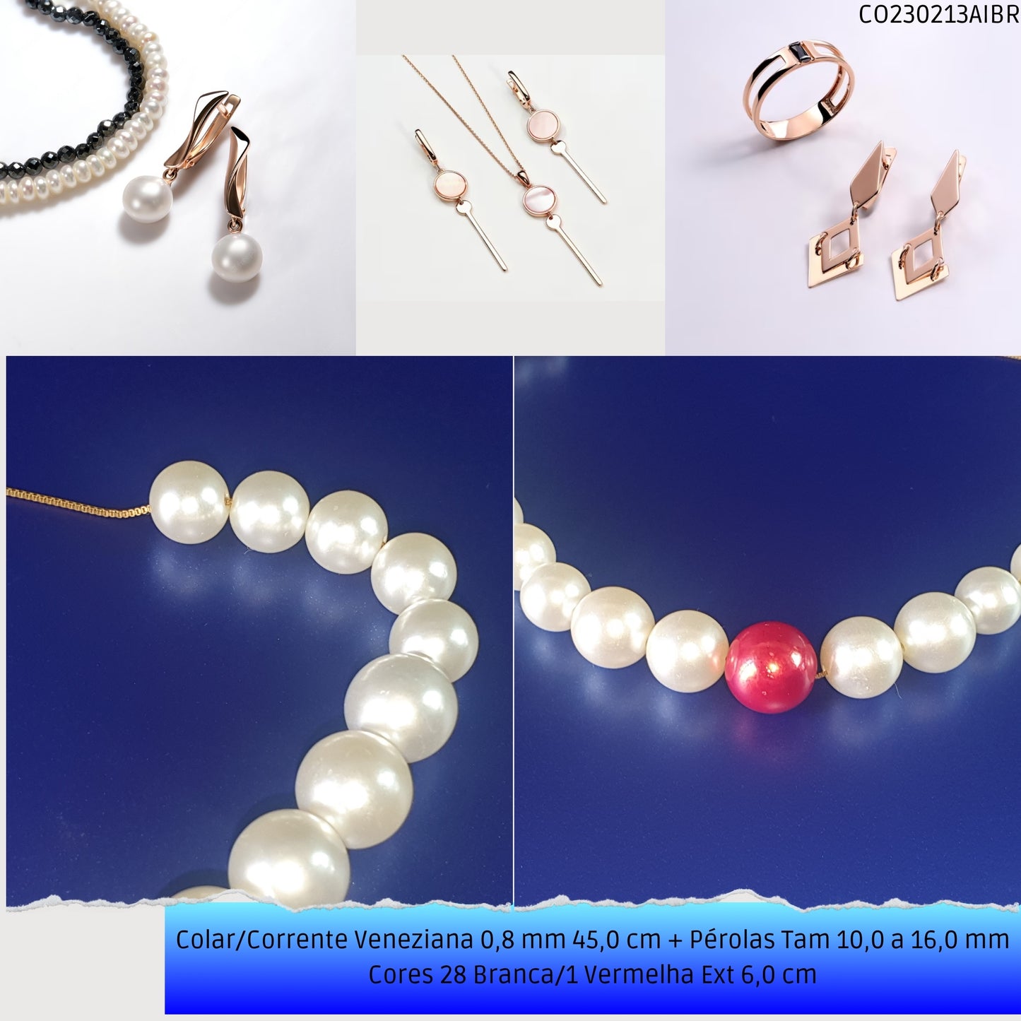 Colar/Corrente Veneziana 0.8 mm 45.0 cm + Pérolas Tam 10.0 a 16.0 mm Cores 28 Branca/1 Vermelha Ext 6.0 cm   - Código.: CO230213AIBR  - Peso.: 33.7 gr
