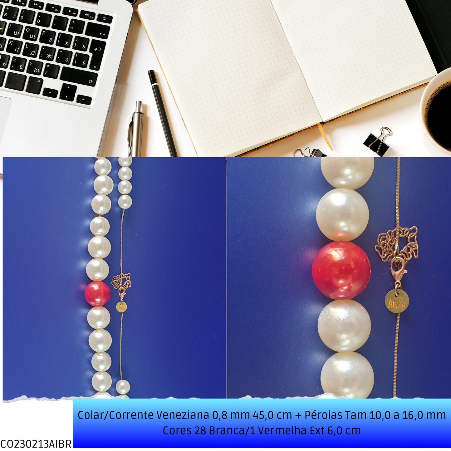 Colar/Corrente Veneziana 0.8 mm 45.0 cm + Pérolas Tam 10.0 a 16.0 mm Cores 28 Branca/1 Vermelha Ext 6.0 cm   - Código.: CO230213AIBR  - Peso.: 33.7 gr