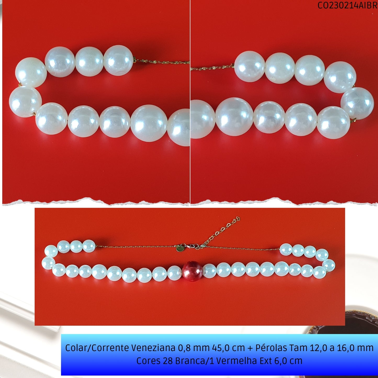 Colar/Corrente Veneziana 0.8 mm 45.0 cm + Pérolas Tam 12.0 a 16.0 mm Cores 28 Branca/1 Vermelha Ext 6.0 cm   - Código.: CO230214AIBR  - Peso.: 36.7 gr