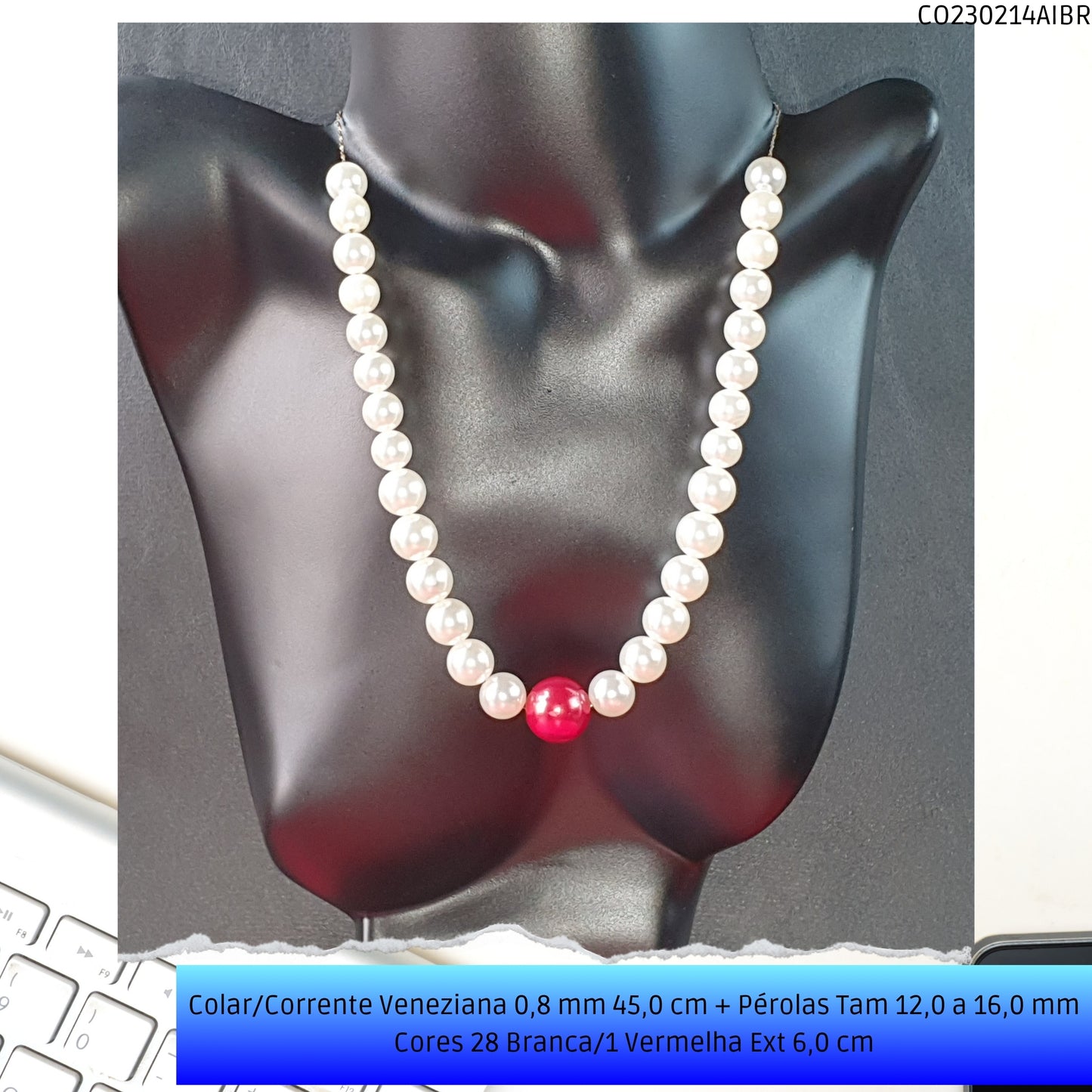 Colar/Corrente Veneziana 0.8 mm 45.0 cm + Pérolas Tam 12.0 a 16.0 mm Cores 28 Branca/1 Vermelha Ext 6.0 cm   - Código.: CO230214AIBR  - Peso.: 36.7 gr
