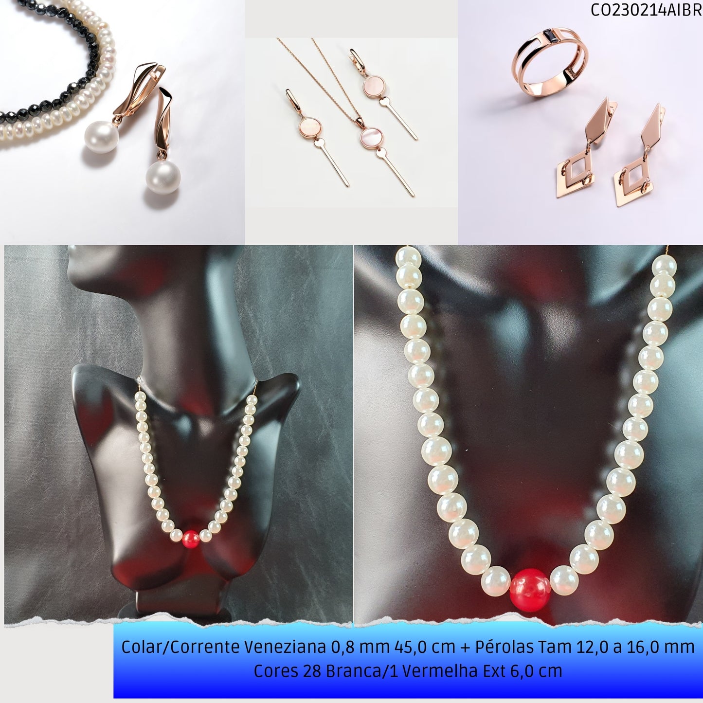 Colar/Corrente Veneziana 0.8 mm 45.0 cm + Pérolas Tam 12.0 a 16.0 mm Cores 28 Branca/1 Vermelha Ext 6.0 cm   - Código.: CO230214AIBR  - Peso.: 36.7 gr