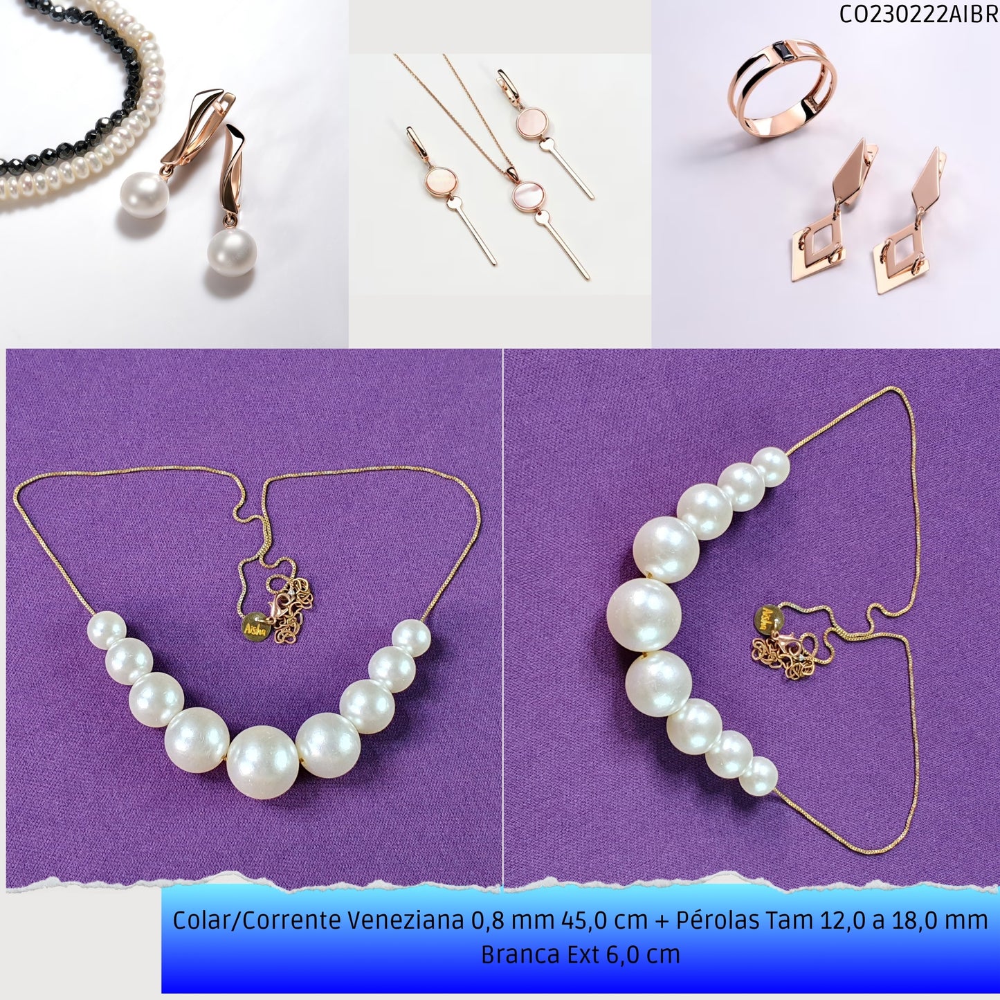 Colar/Corrente Veneziana 0.8 mm 45.0 cm + Pérolas Tam 12.0 a 18.0 mm Branca Ext 6.0 cm   - Código.: CO230222AIBR  - Peso.: 15.2 gr