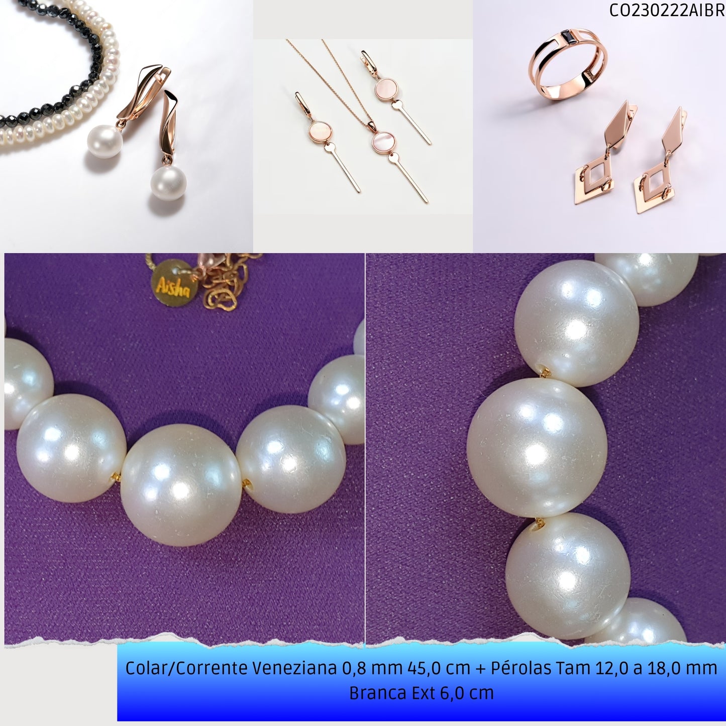 Colar/Corrente Veneziana 0.8 mm 45.0 cm + Pérolas Tam 12.0 a 18.0 mm Branca Ext 6.0 cm   - Código.: CO230222AIBR  - Peso.: 15.2 gr