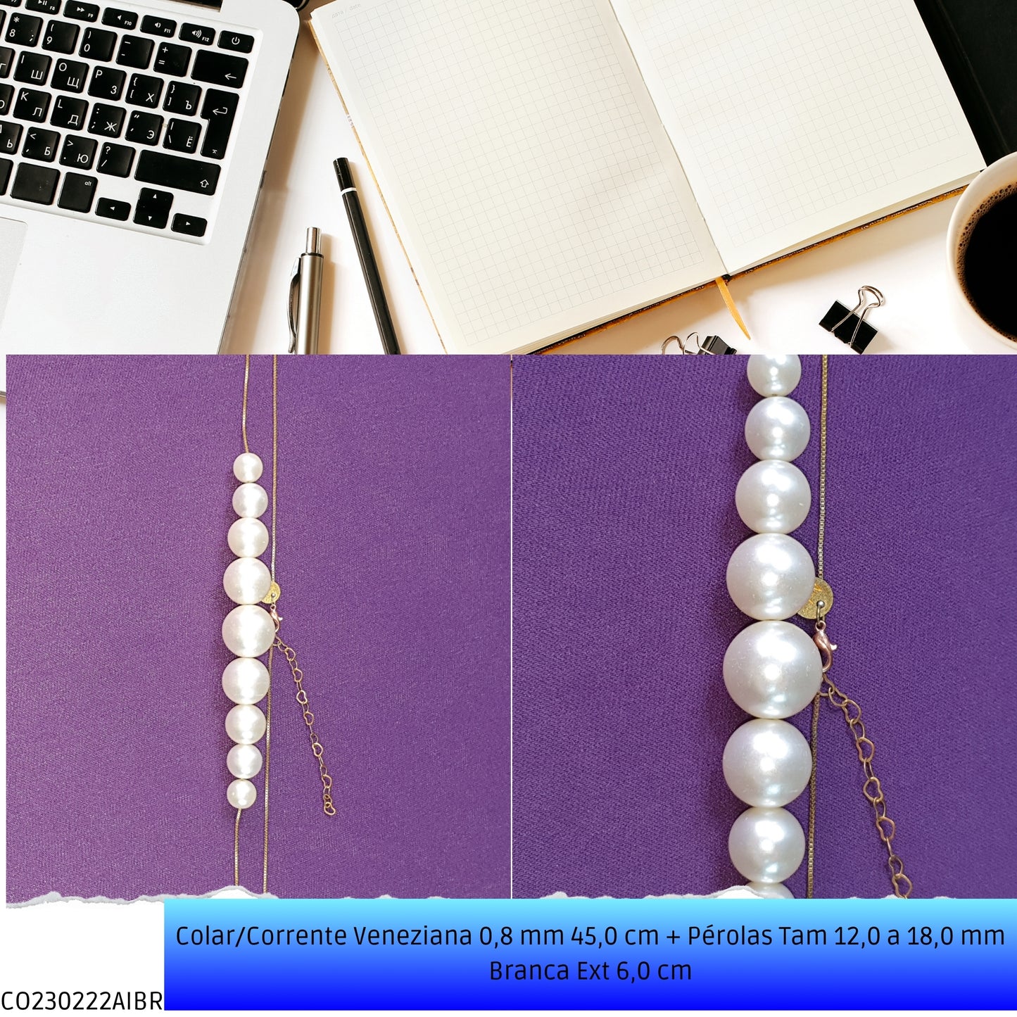Colar/Corrente Veneziana 0.8 mm 45.0 cm + Pérolas Tam 12.0 a 18.0 mm Branca Ext 6.0 cm   - Código.: CO230222AIBR  - Peso.: 15.2 gr
