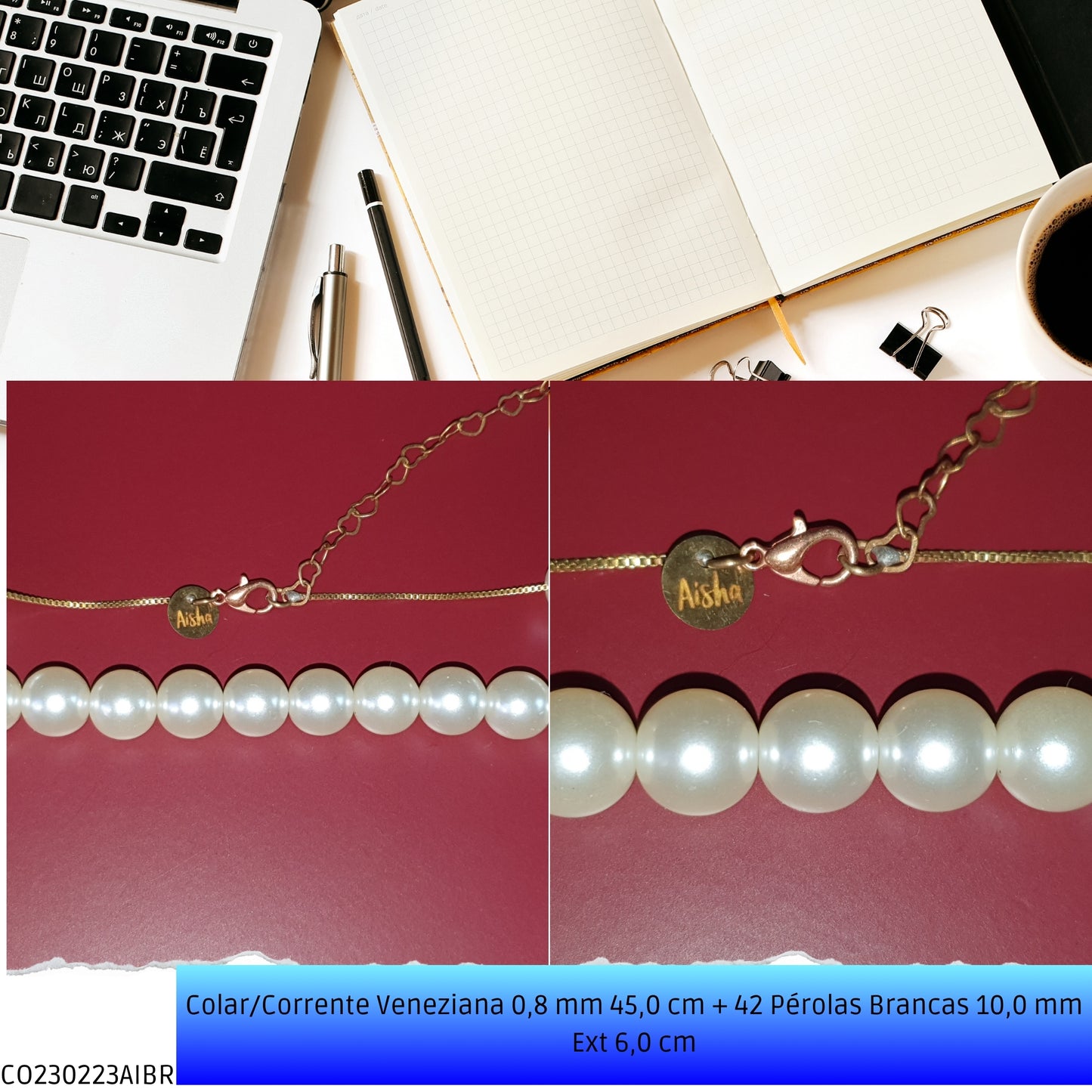 Colar/Corrente Veneziana 0.8 mm 45.0 cm 42 Pérolas Brancas 10.0 mm Ext 6.0 cm   - Código.: CO230223AIBR  - Peso.: 22.6 gr