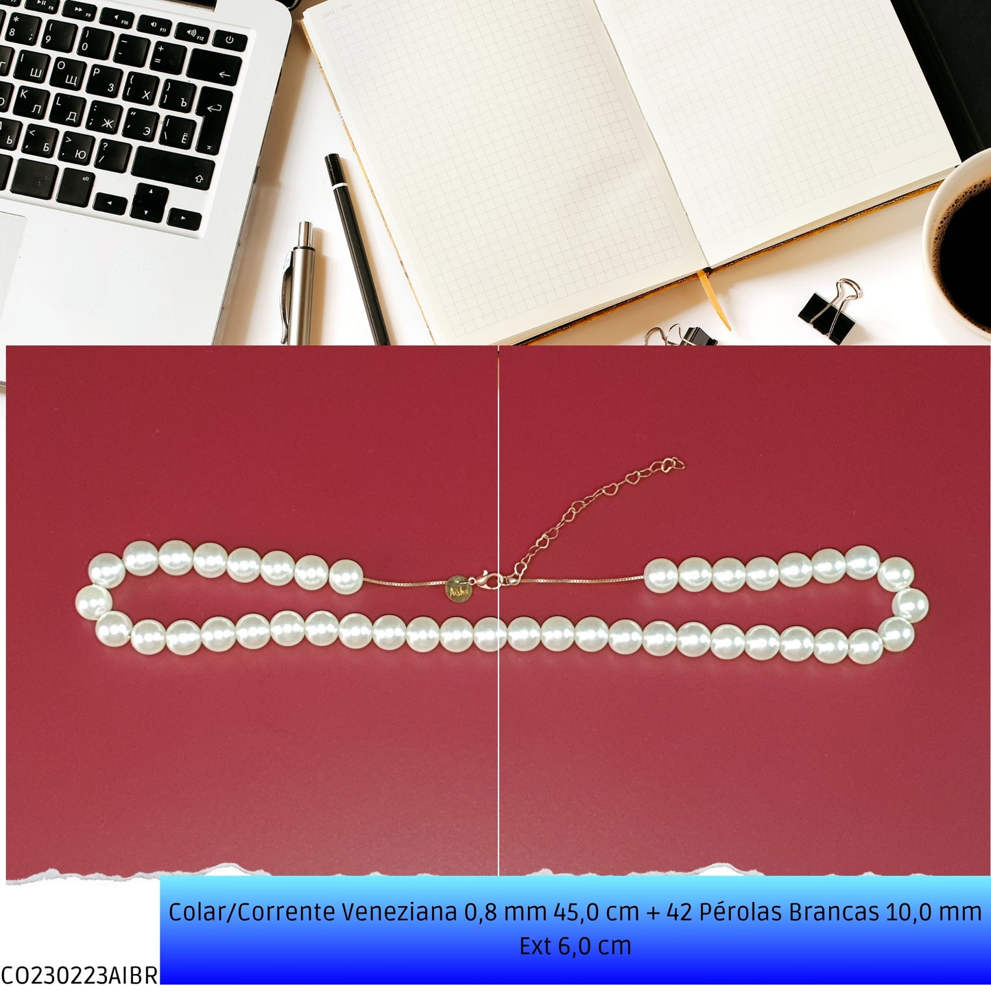 Colar/Corrente Veneziana 0.8 mm 45.0 cm 42 Pérolas Brancas 10.0 mm Ext 6.0 cm   - Código.: CO230223AIBR  - Peso.: 22.6 gr