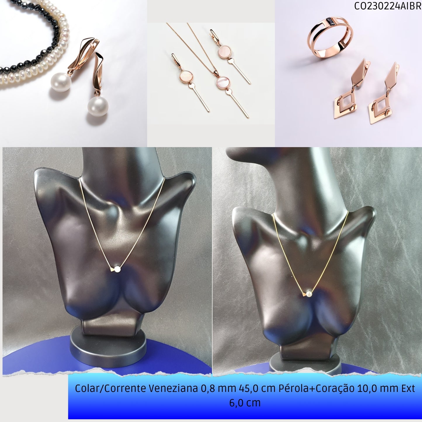 Colar/Corrente Veneziana 0.8 mm 45.0 cm Pérola+Coração 10.0 mm Ext 6.0 cm   - Código.: CO230224AIBR  - Peso.: 3.3 gr
