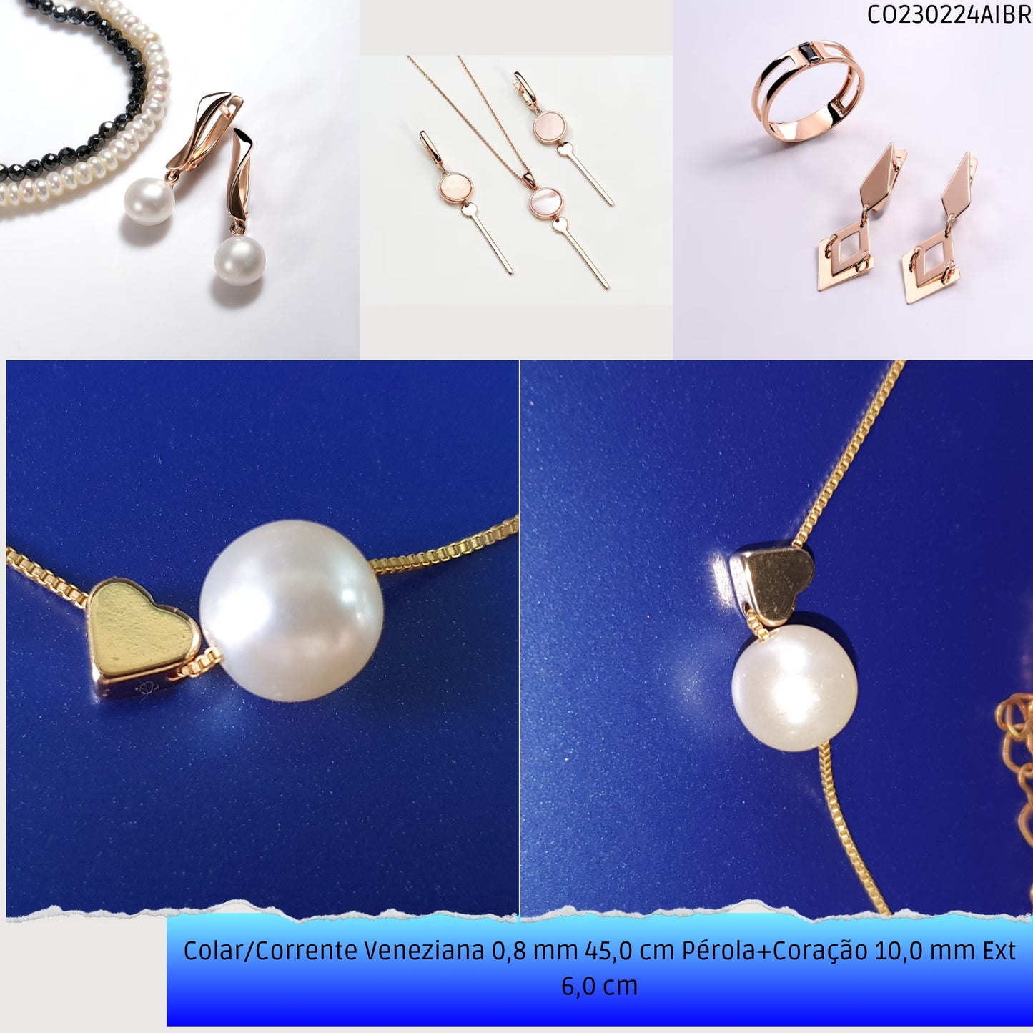 Colar/Corrente Veneziana 0.8 mm 45.0 cm Pérola+Coração 10.0 mm Ext 6.0 cm   - Código.: CO230224AIBR  - Peso.: 3.3 gr