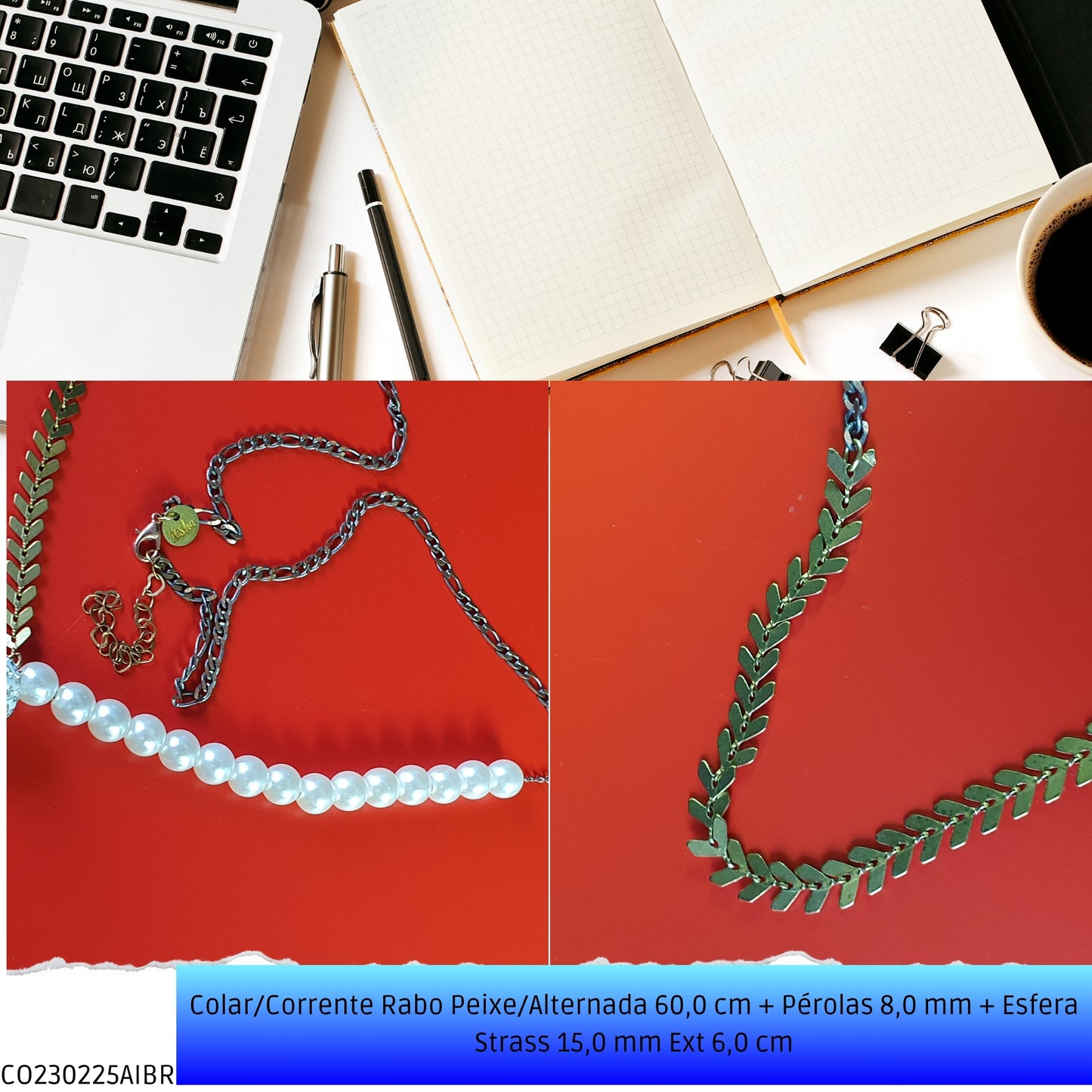 Colar/Corrente Rabo Peixe/Alternada 60.0 cm + Pérolas 8.0 mm + Esfera Strass 15.0 mm Ext 6.0 cm   - Código.: CO230225AIBR  - Peso.: 16.0 gr