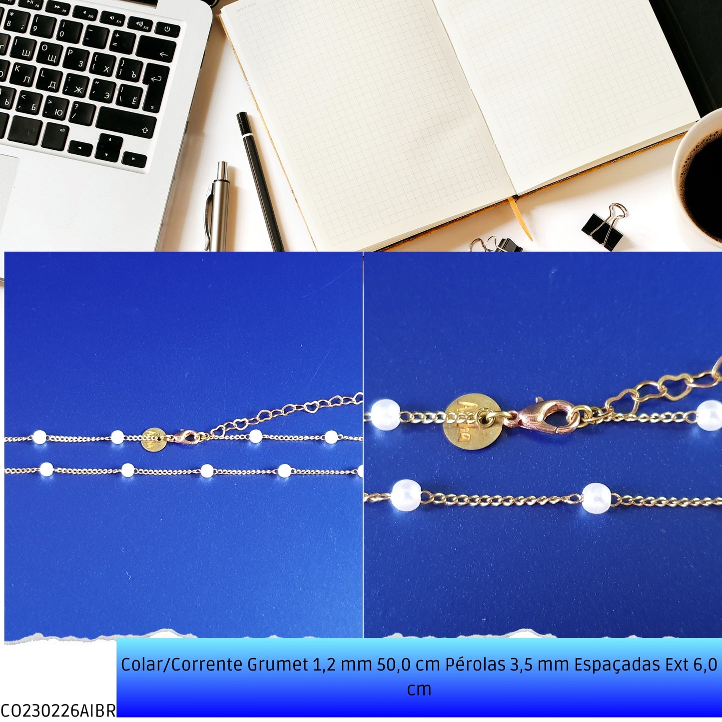 Colar/Corrente Grumet 1.2 mm 50.0 cm Pérolas 3.5 mm Espaçadas Ext 6.0 cm   - Código.: CO230226AIBR  - Peso.: 2.6 gr