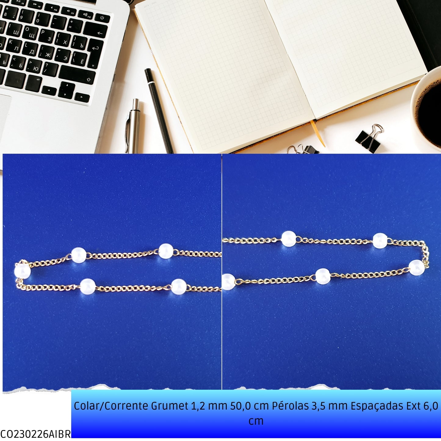 Colar/Corrente Grumet 1.2 mm 50.0 cm Pérolas 3.5 mm Espaçadas Ext 6.0 cm   - Código.: CO230226AIBR  - Peso.: 2.6 gr