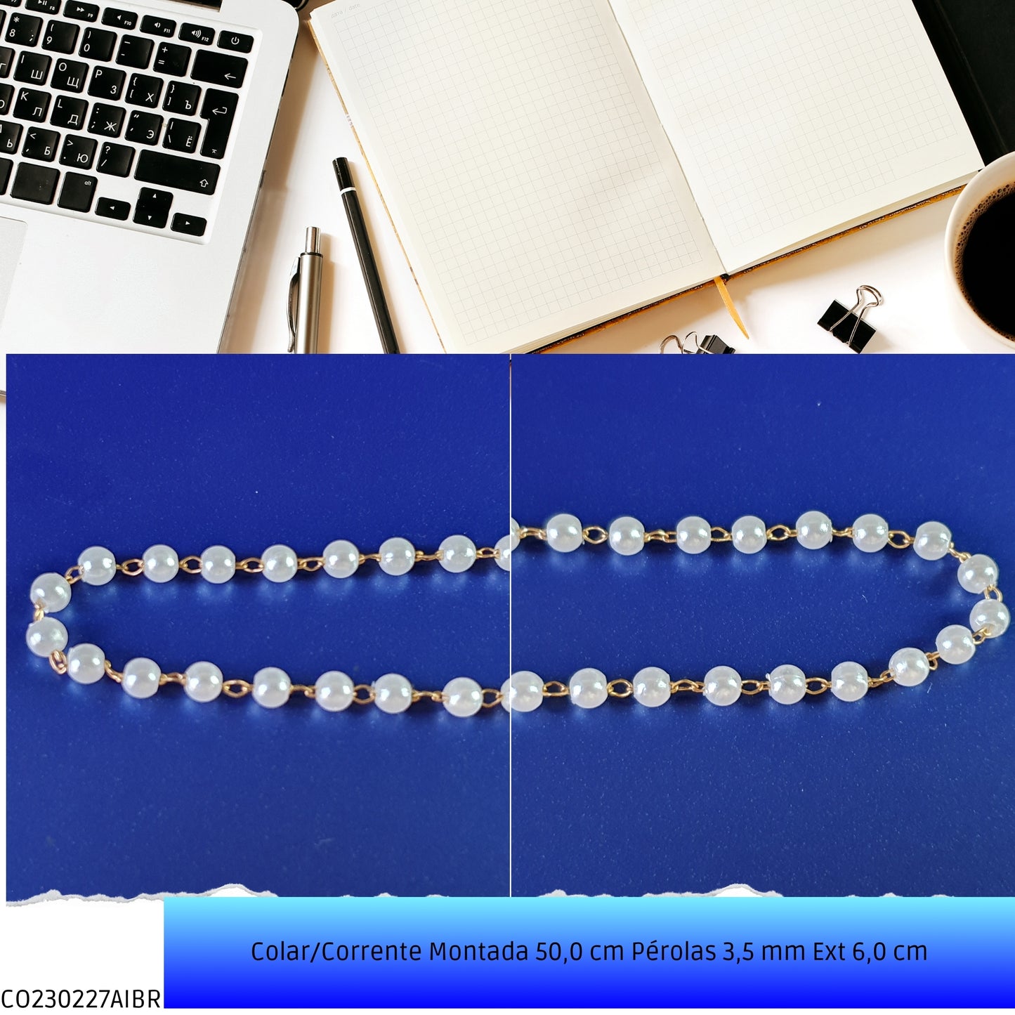 Colar/Corrente Montada 50.0 cm Pérolas 3.5 mm Ext 6.0 cm   - Código.: CO230227AIBR  - Peso.: 4.2 gr