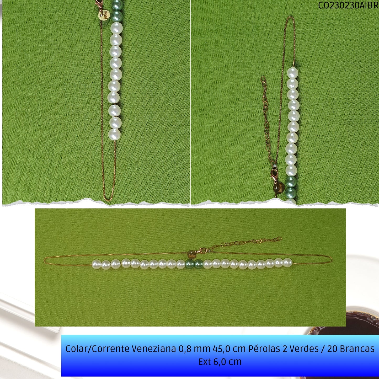 Colar/Corrente Veneziana 0.8 mm 45.0 cm Pérolas 2 Verdes / 20 Brancas Ext 6.0 cm   - Código.: CO230230AIBR  - Peso.: 7.4 gr