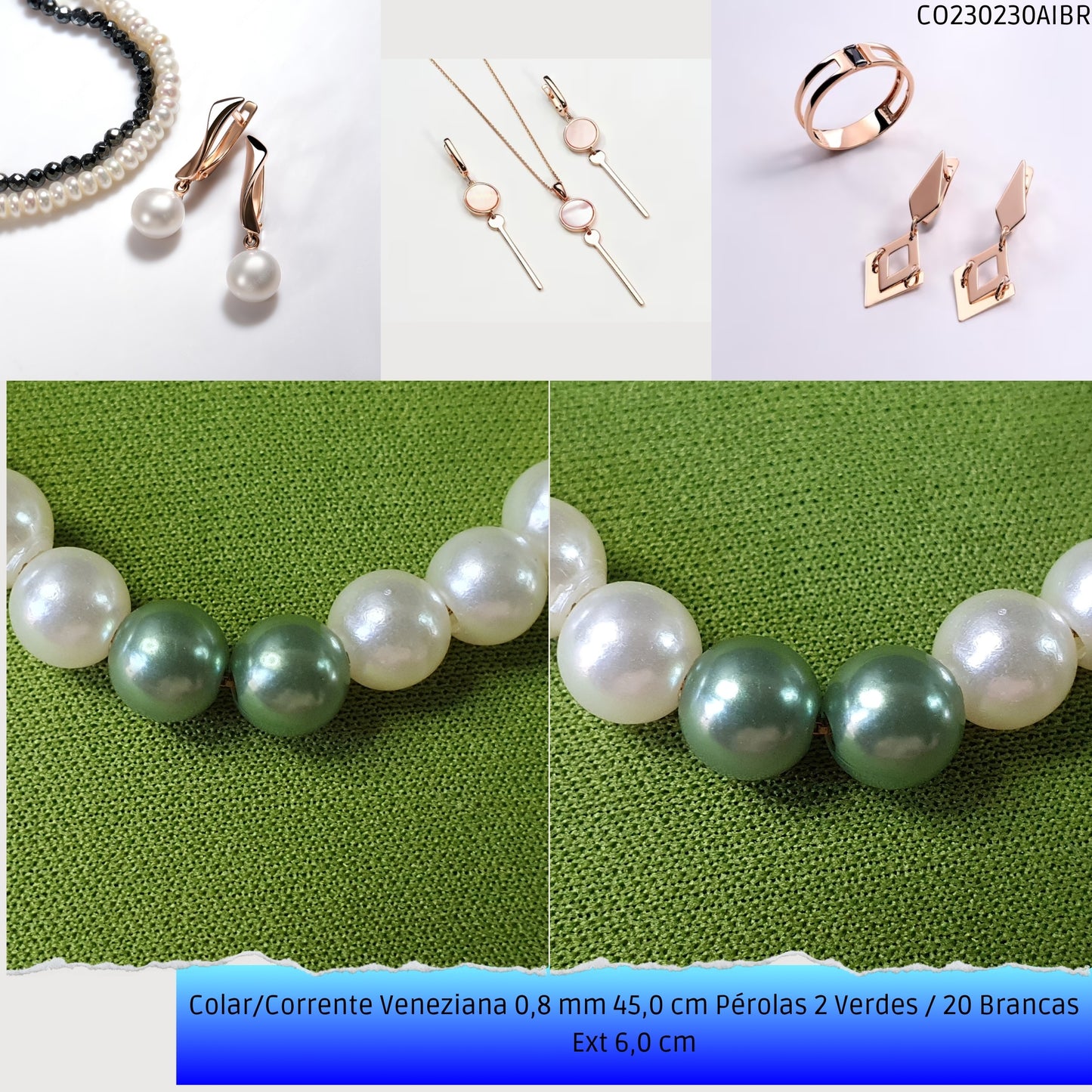 Colar/Corrente Veneziana 0.8 mm 45.0 cm Pérolas 2 Verdes / 20 Brancas Ext 6.0 cm   - Código.: CO230230AIBR  - Peso.: 7.4 gr