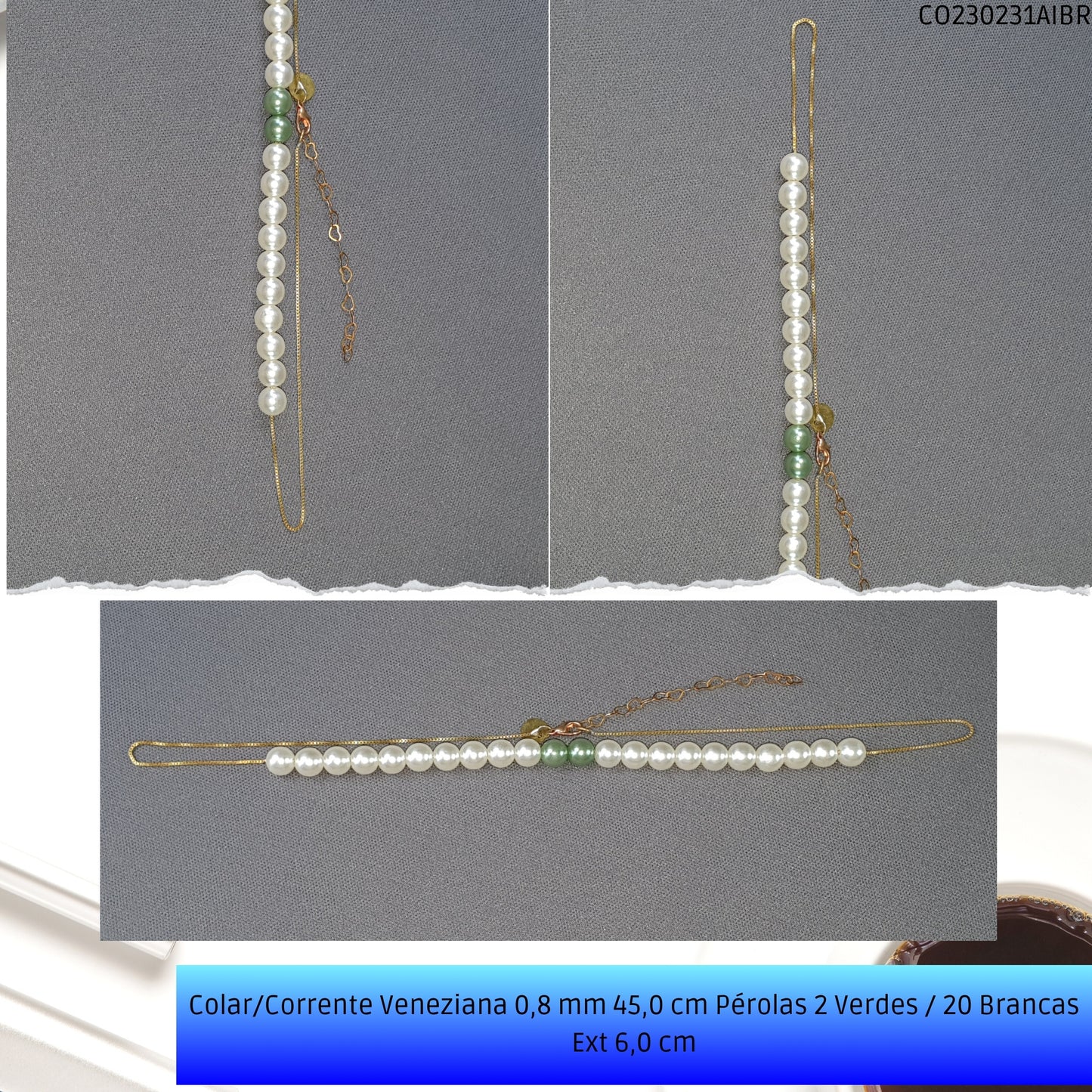 Colar/Corrente Veneziana 0.8 mm 45.0 cm Pérolas 2 Verdes / 20 Brancas Ext 6.0 cm   - Código.: CO230231AIBR  - Peso.: 7.4 gr