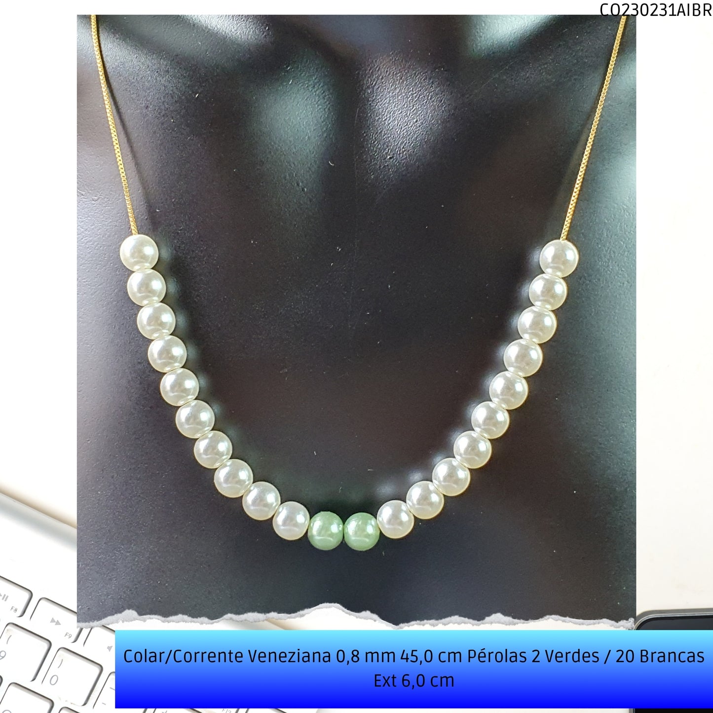 Colar/Corrente Veneziana 0.8 mm 45.0 cm Pérolas 2 Verdes / 20 Brancas Ext 6.0 cm   - Código.: CO230231AIBR  - Peso.: 7.4 gr