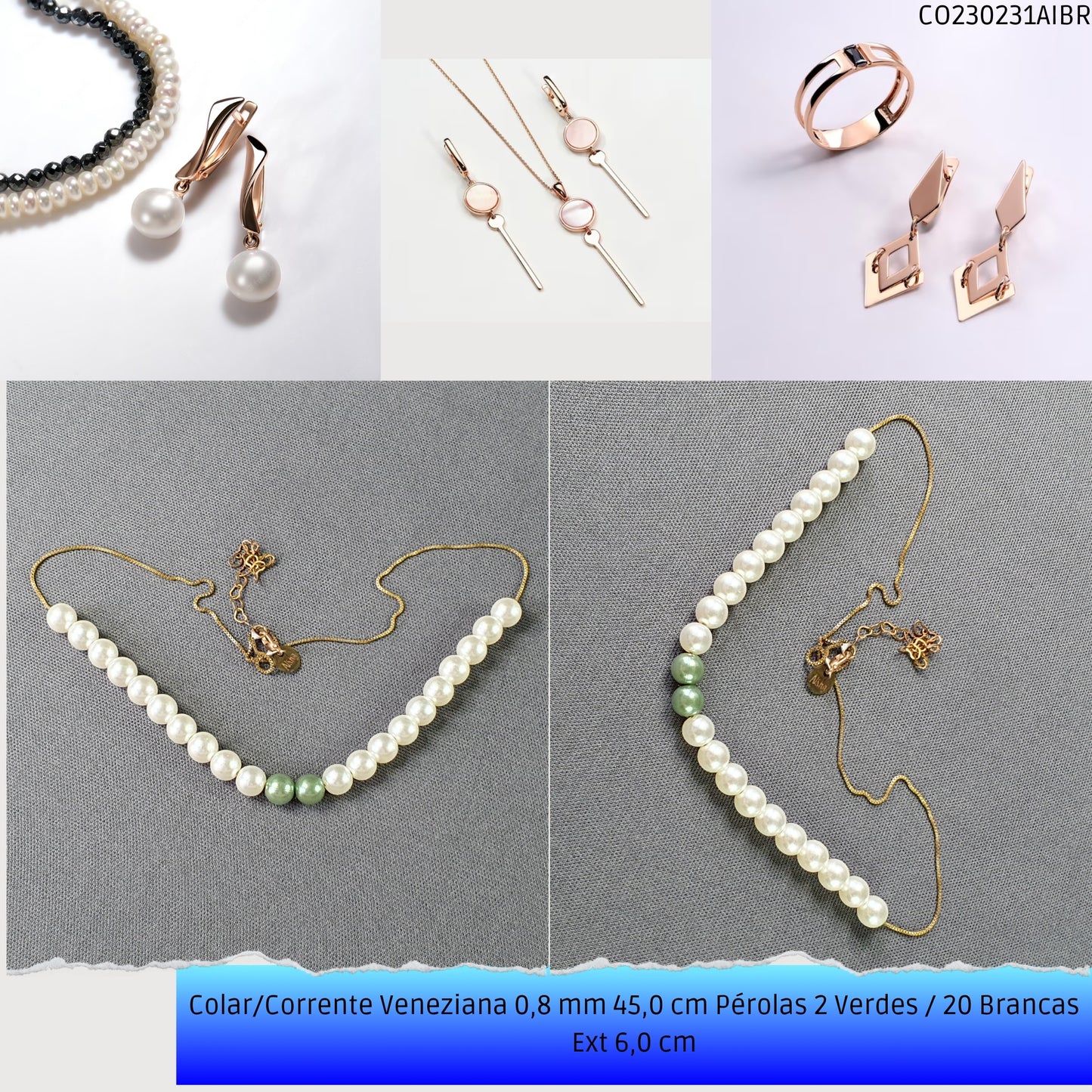Colar/Corrente Veneziana 0.8 mm 45.0 cm Pérolas 2 Verdes / 20 Brancas Ext 6.0 cm   - Código.: CO230231AIBR  - Peso.: 7.4 gr