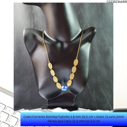 Colar/Corrente Bolinha/Tubinho 1.8 mm 50.0 cm + Ovais 21.4x14.0mm Pérola Azul Claro 22.0 mm Ext 6.0 cm   - Código.: CO230234AIBR  - Peso.: 19.2 gr