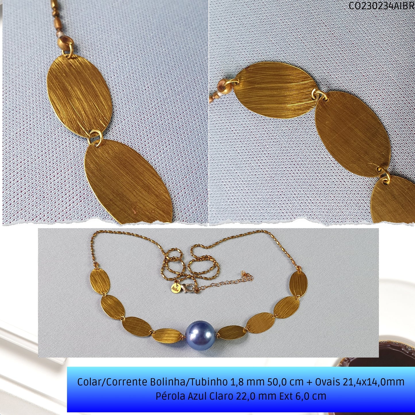 Colar/Corrente Bolinha/Tubinho 1.8 mm 50.0 cm + Ovais 21.4x14.0mm Pérola Azul Claro 22.0 mm Ext 6.0 cm   - Código.: CO230234AIBR  - Peso.: 19.2 gr