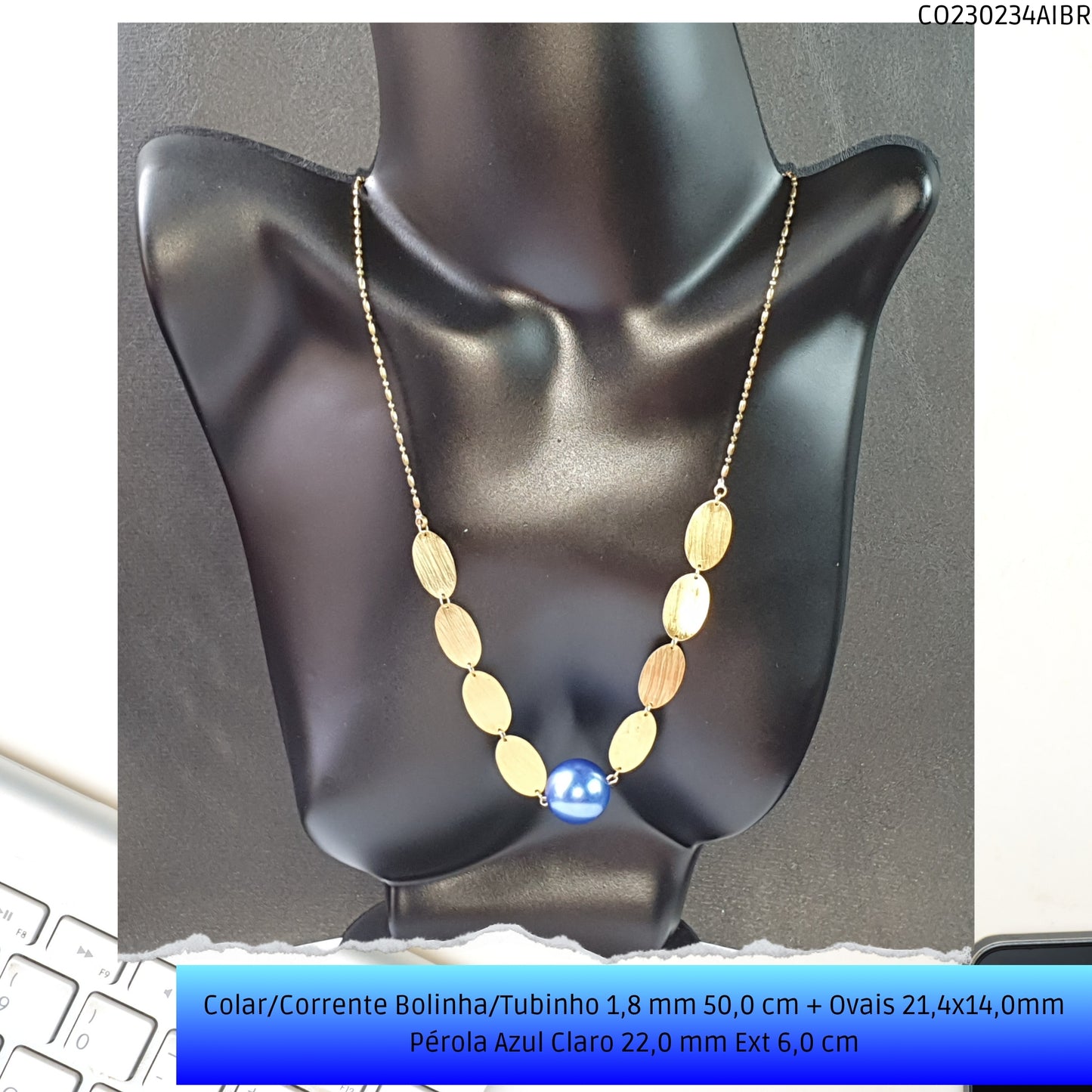 Colar/Corrente Bolinha/Tubinho 1.8 mm 50.0 cm + Ovais 21.4x14.0mm Pérola Azul Claro 22.0 mm Ext 6.0 cm   - Código.: CO230234AIBR  - Peso.: 19.2 gr