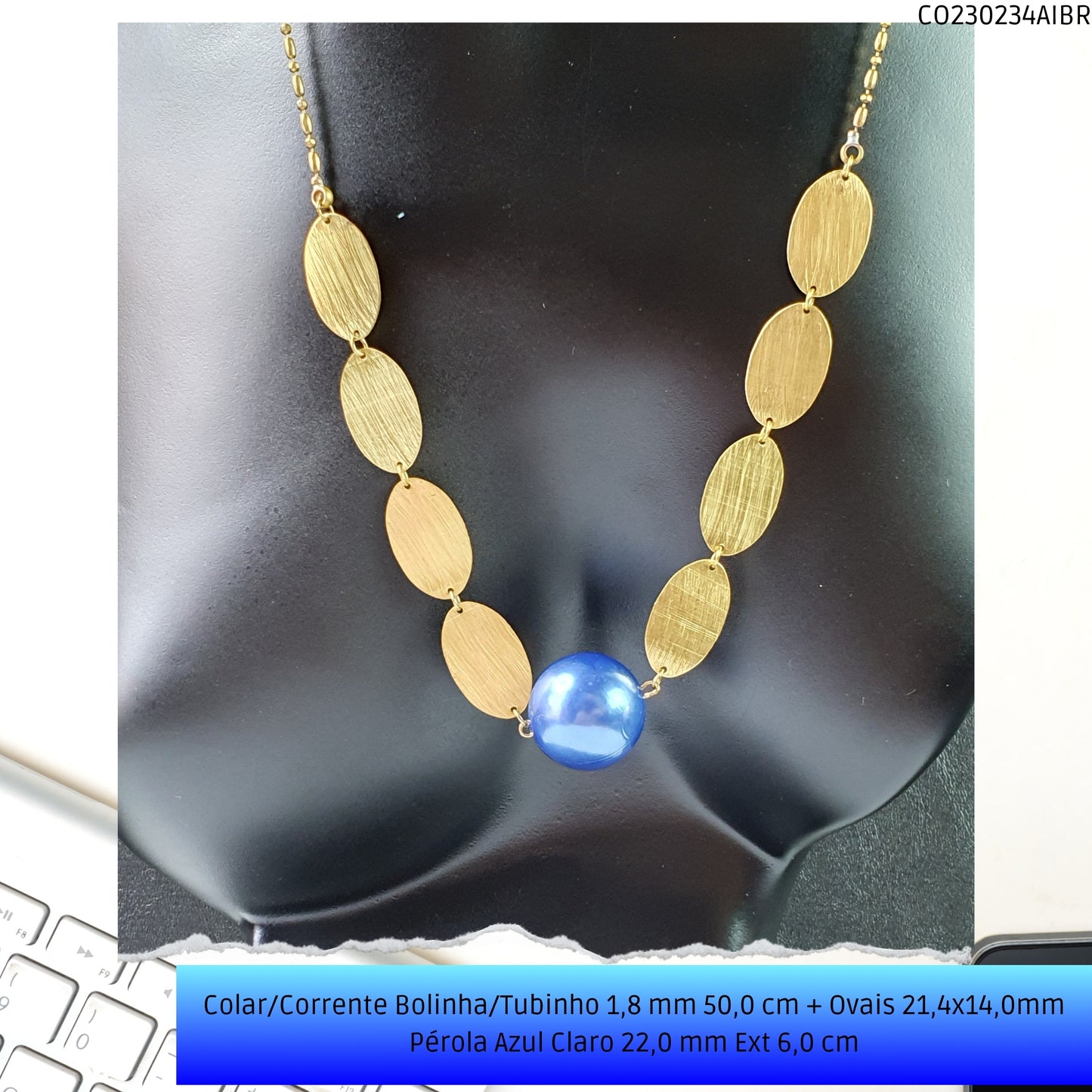 Colar/Corrente Bolinha/Tubinho 1.8 mm 50.0 cm + Ovais 21.4x14.0mm Pérola Azul Claro 22.0 mm Ext 6.0 cm   - Código.: CO230234AIBR  - Peso.: 19.2 gr