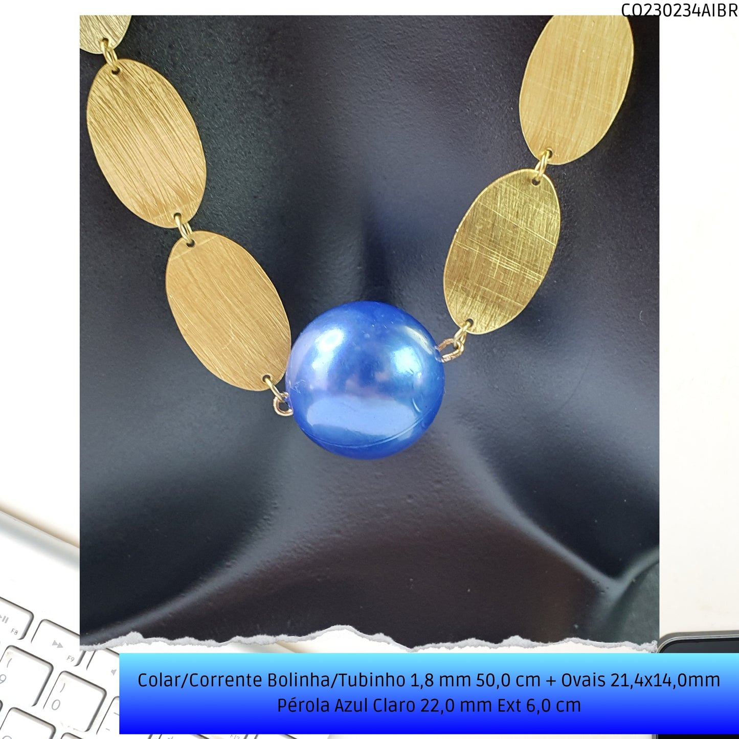 Colar/Corrente Bolinha/Tubinho 1.8 mm 50.0 cm + Ovais 21.4x14.0mm Pérola Azul Claro 22.0 mm Ext 6.0 cm   - Código.: CO230234AIBR  - Peso.: 19.2 gr