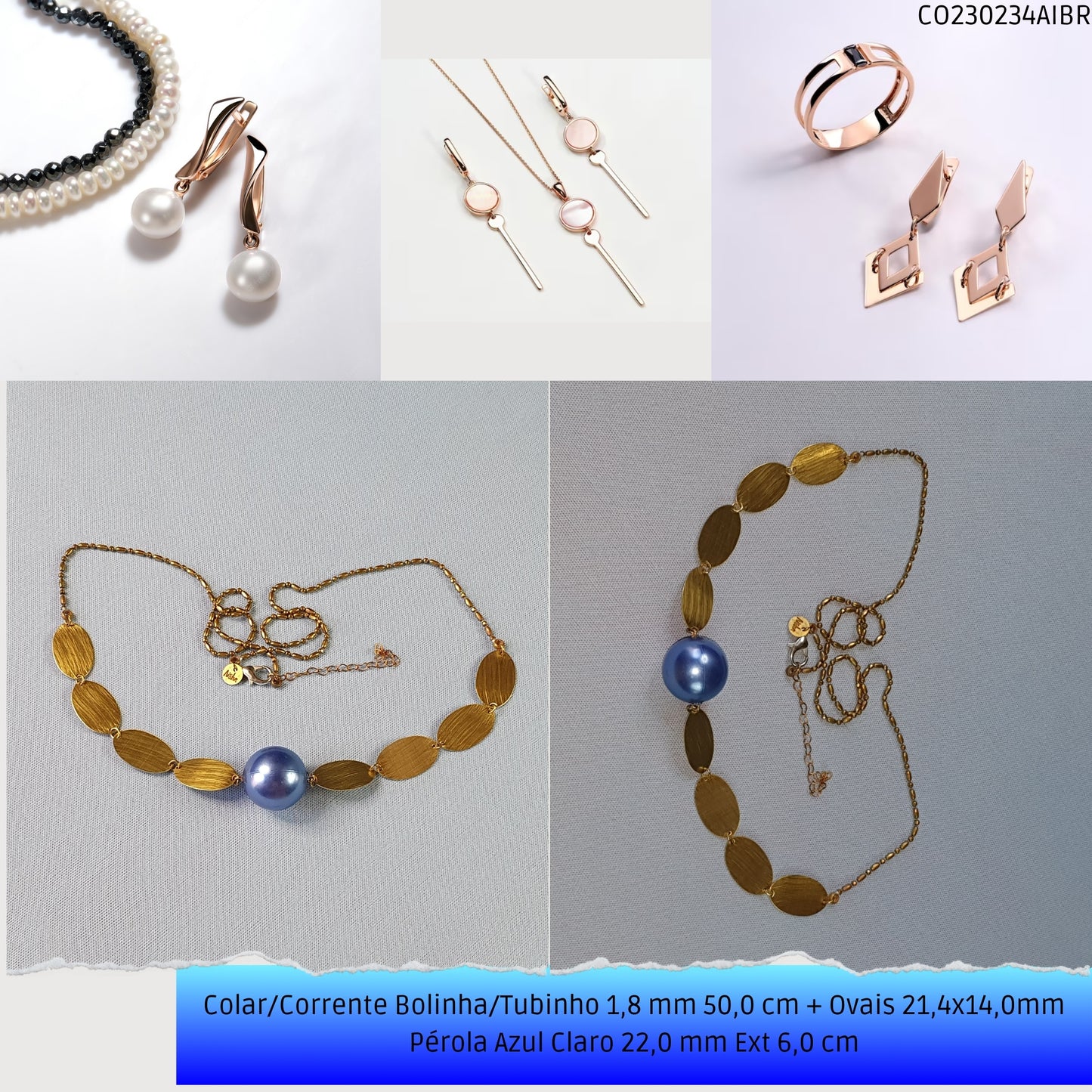 Colar/Corrente Bolinha/Tubinho 1.8 mm 50.0 cm + Ovais 21.4x14.0mm Pérola Azul Claro 22.0 mm Ext 6.0 cm   - Código.: CO230234AIBR  - Peso.: 19.2 gr