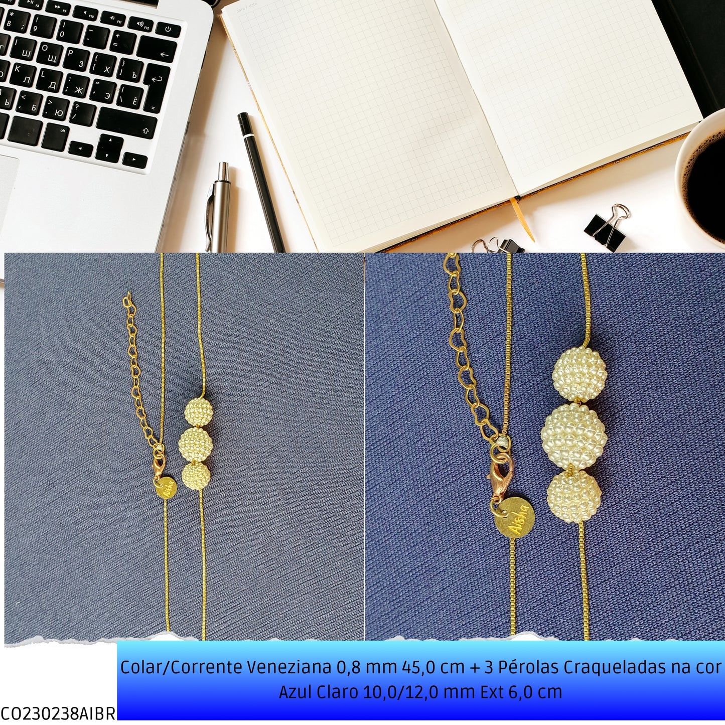 Colar/Corrente Veneziana 0.8 mm 45.0 cm + 3 Pérolas Craqueladas Azul Claro 10.0/12.0 mm Ext 6.0 cm   - Código.: CO230238AIBR  - Peso.: 3.6 gr