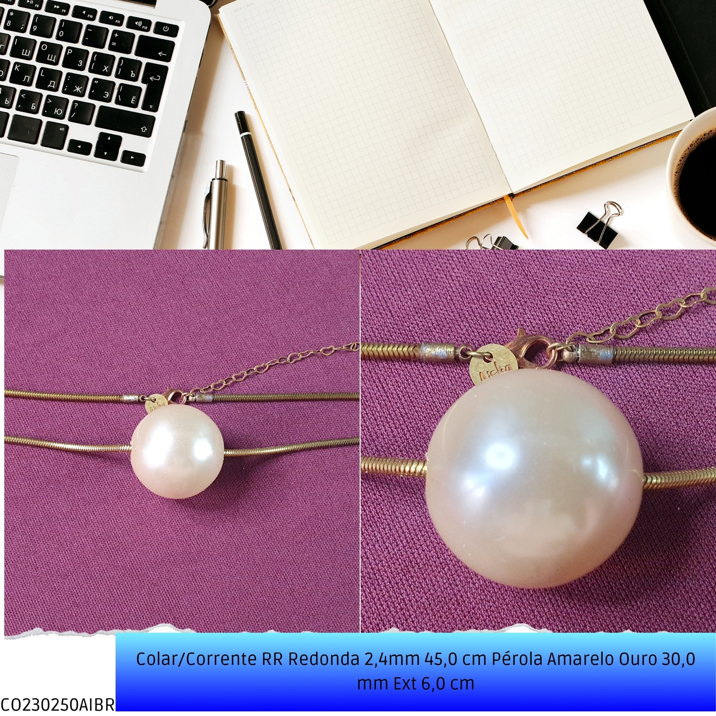 Colar/Corrente RR Redonda 2.4mm 45.0 cm Pérola Amarelo Ouro 30.0 mm Ext 6.0 cm   - Código.: CO230250AIBR  - Peso.: 22.7 gr