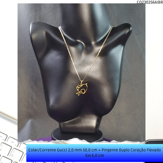 Colar/Corrente Gucci 2.0 mm 50.0 cm + Pingente Duplo Coração Flexado Ext 6.0 cm   - Código.: CO230256AIBR  - Peso.: 7.6 gr