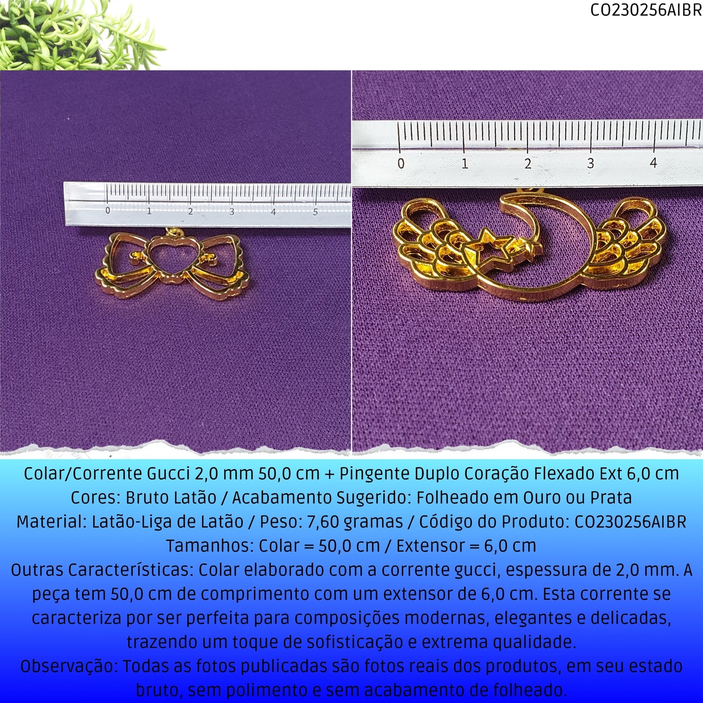 Colar/Corrente Gucci 2.0 mm 50.0 cm + Pingente Duplo Coração Flexado Ext 6.0 cm   - Código.: CO230256AIBR  - Peso.: 7.6 gr