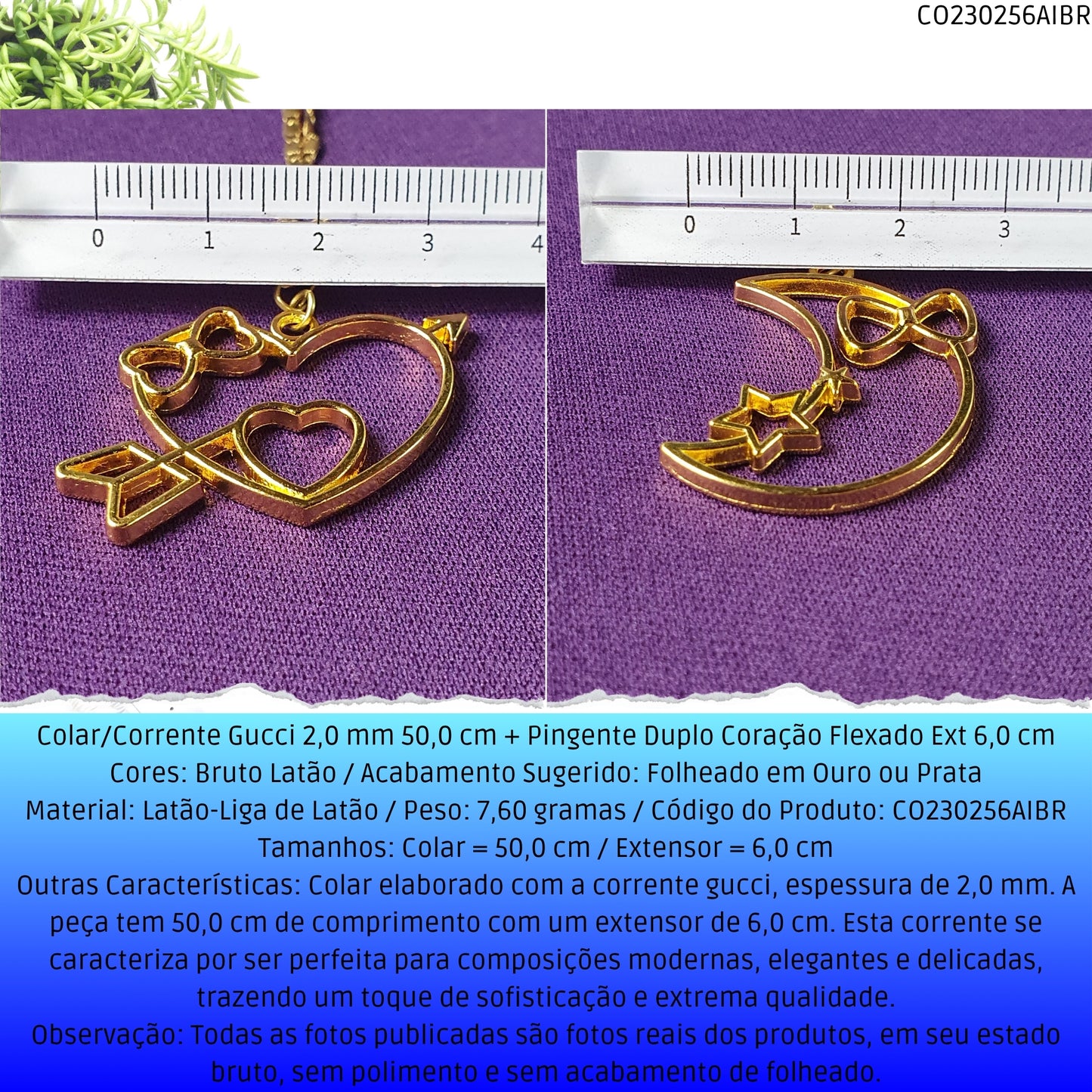 Colar/Corrente Gucci 2.0 mm 50.0 cm + Pingente Duplo Coração Flexado Ext 6.0 cm   - Código.: CO230256AIBR  - Peso.: 7.6 gr
