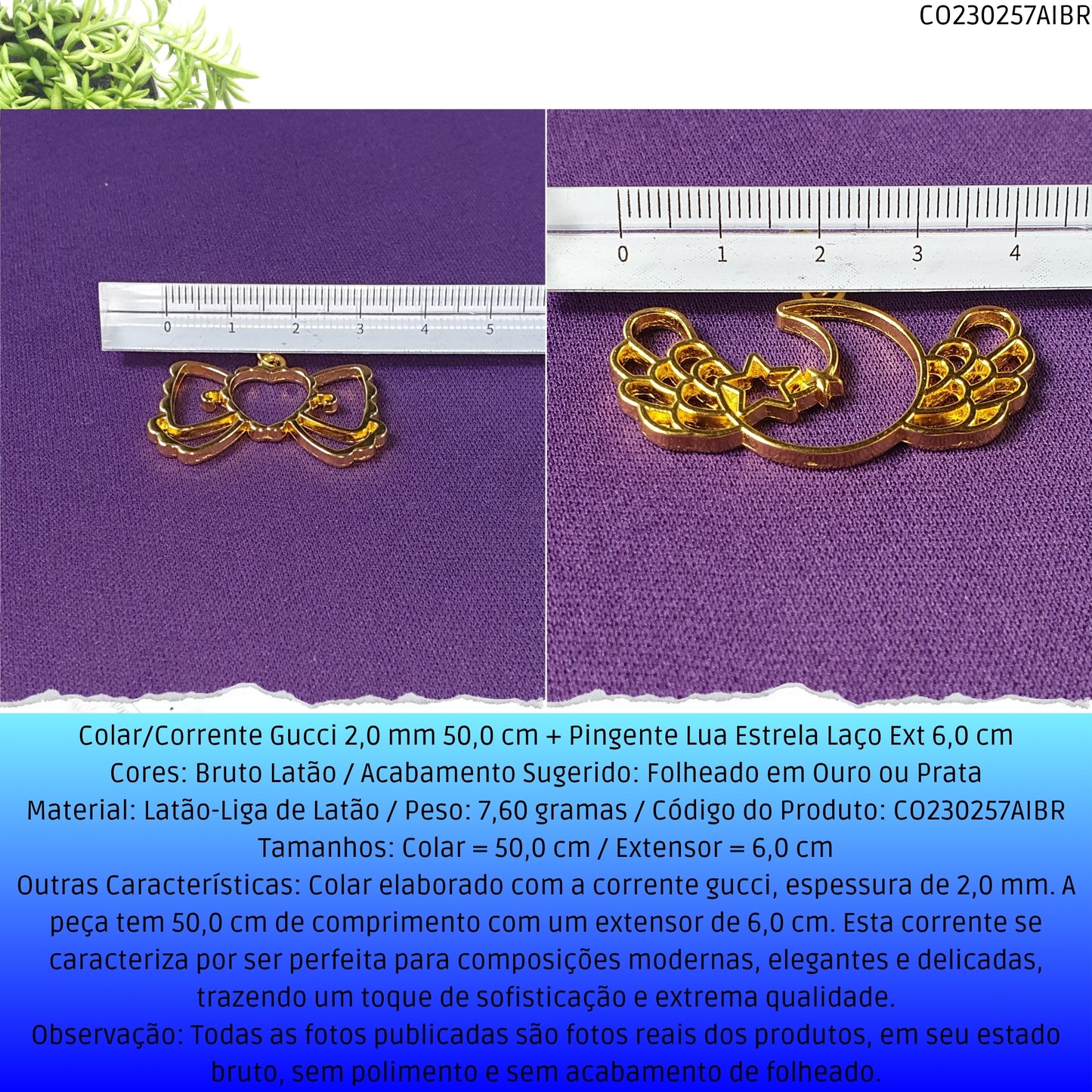 Colar/Corrente Gucci 2.0 mm 50.0 cm + Pingente Lua Estrela Laço Ext 6.0 cm   - Código.: CO230257AIBR  - Peso.: 7.6 gr