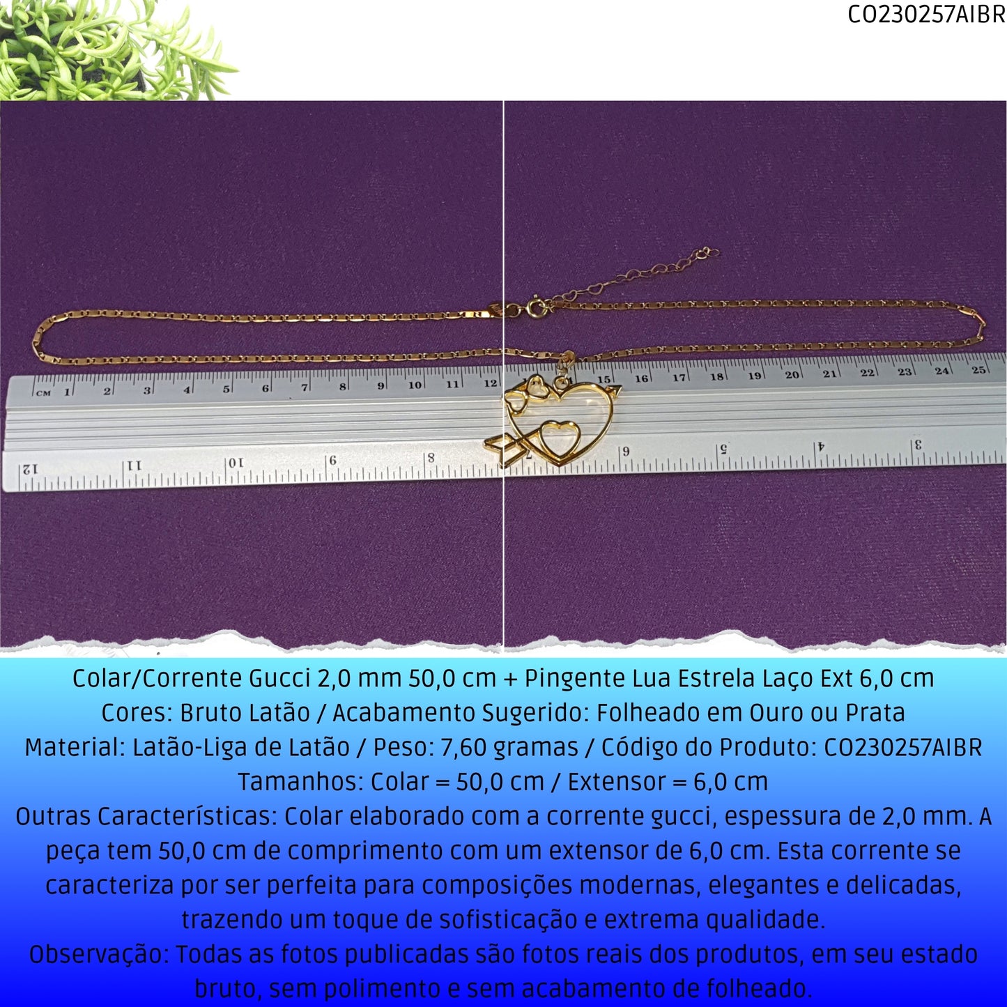 Colar/Corrente Gucci 2.0 mm 50.0 cm + Pingente Lua Estrela Laço Ext 6.0 cm   - Código.: CO230257AIBR  - Peso.: 7.6 gr