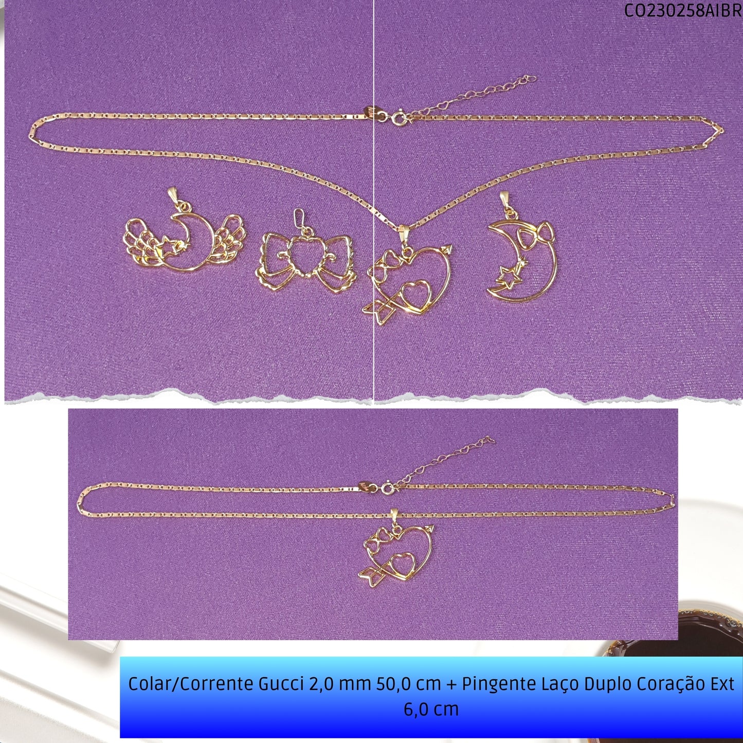 Colar/Corrente Gucci 2.0 mm 50.0 cm + Pingente Laço Duplo Coração Ext 6.0 cm   - Código.: CO230258AIBR  - Peso.: 7.6 gr