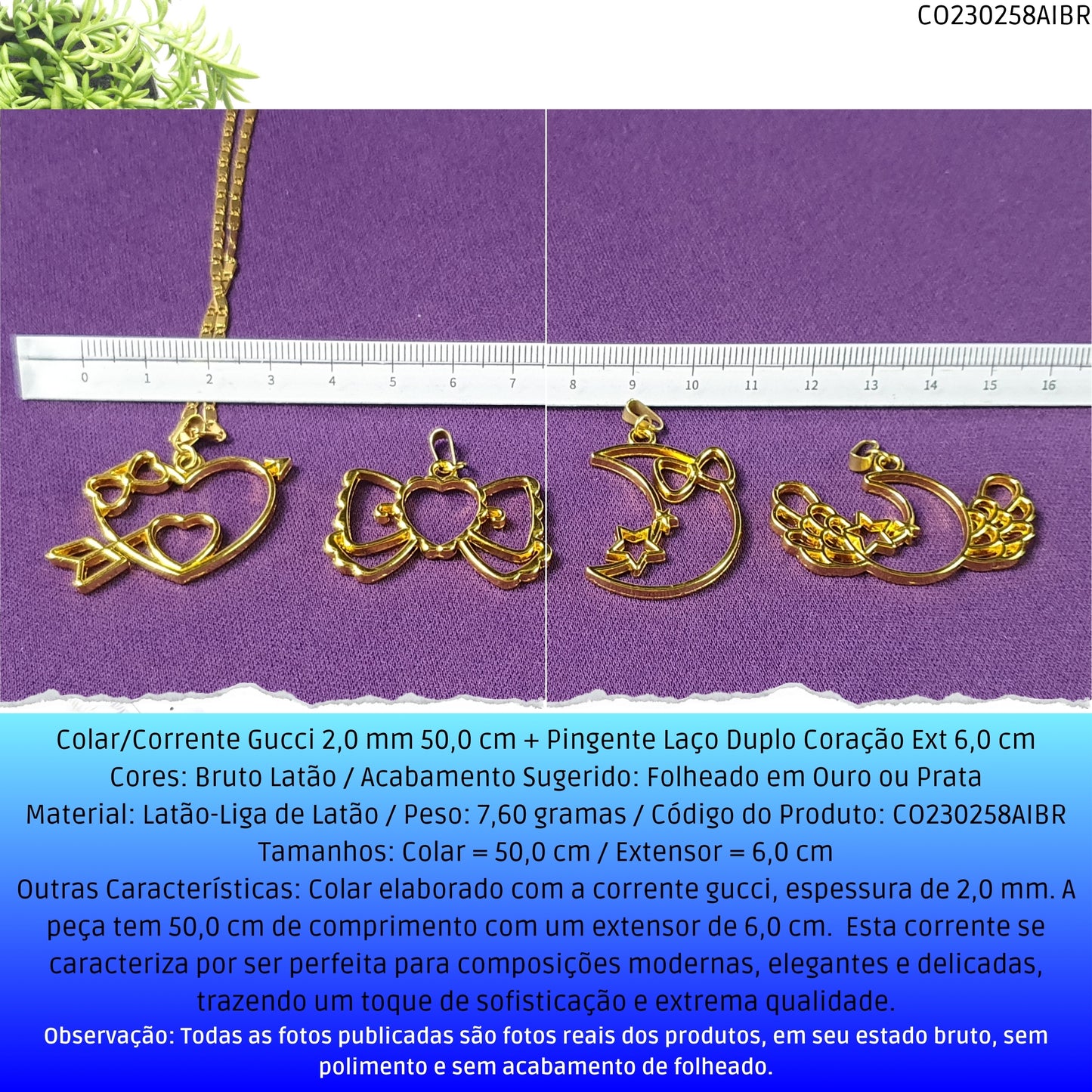Colar/Corrente Gucci 2.0 mm 50.0 cm + Pingente Laço Duplo Coração Ext 6.0 cm   - Código.: CO230258AIBR  - Peso.: 7.6 gr